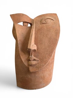 Scultura cubista unica in terracotta raffigurante una testa, anni ’70
