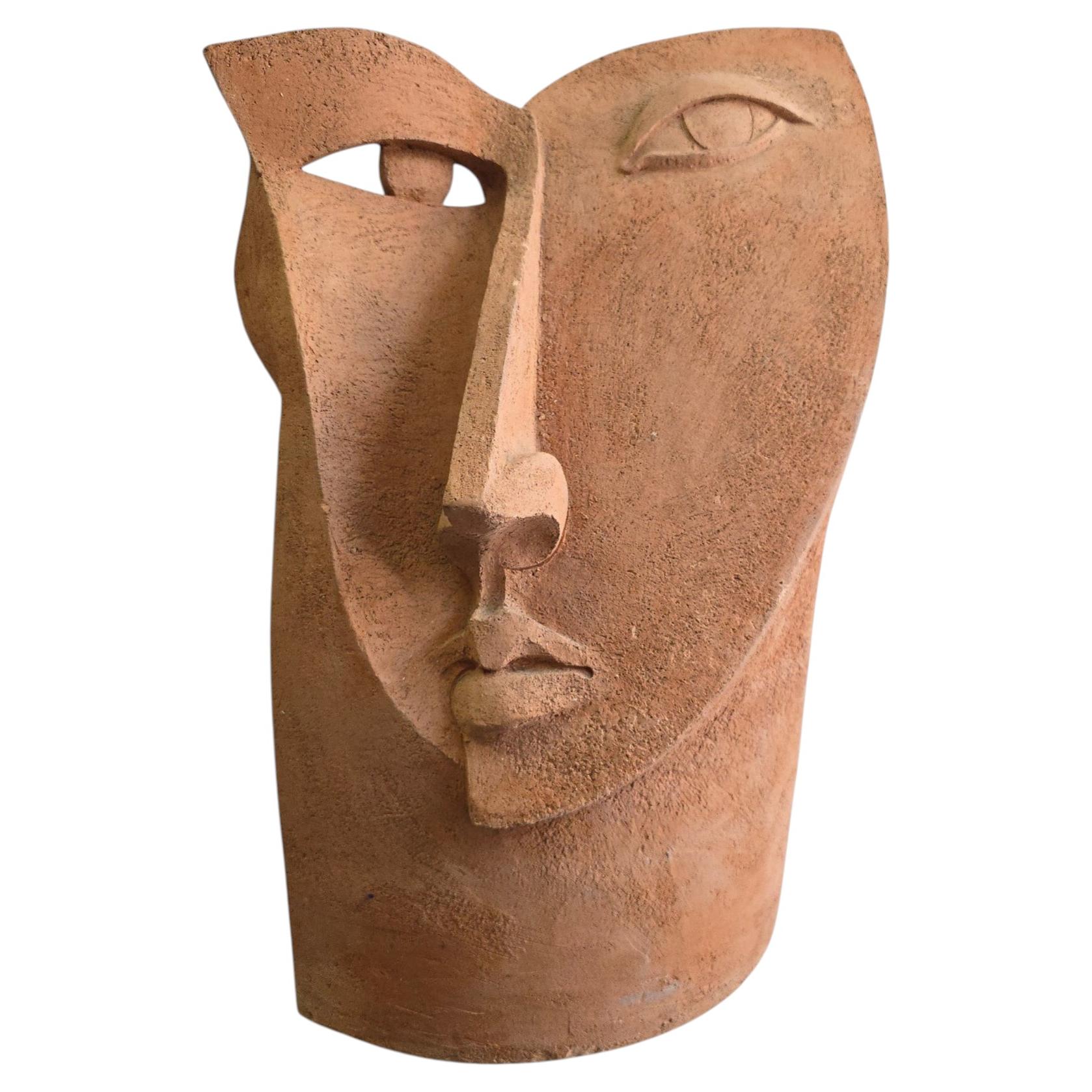 Unique Cubist Terracotta Head Sculpture, 1970s For Sale