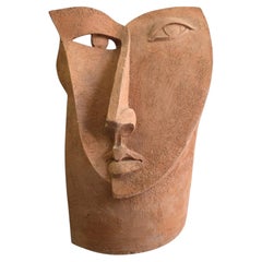 Scultura cubista unica in terracotta raffigurante una testa, anni ’70