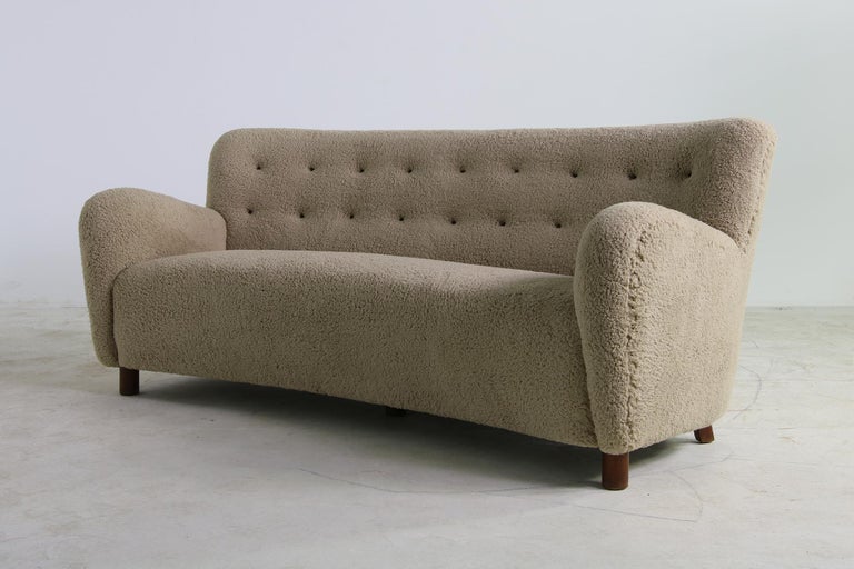 Unique Curved Sofa Mid Century Teddy Fur 1950s Mogens Len Tufted Leather