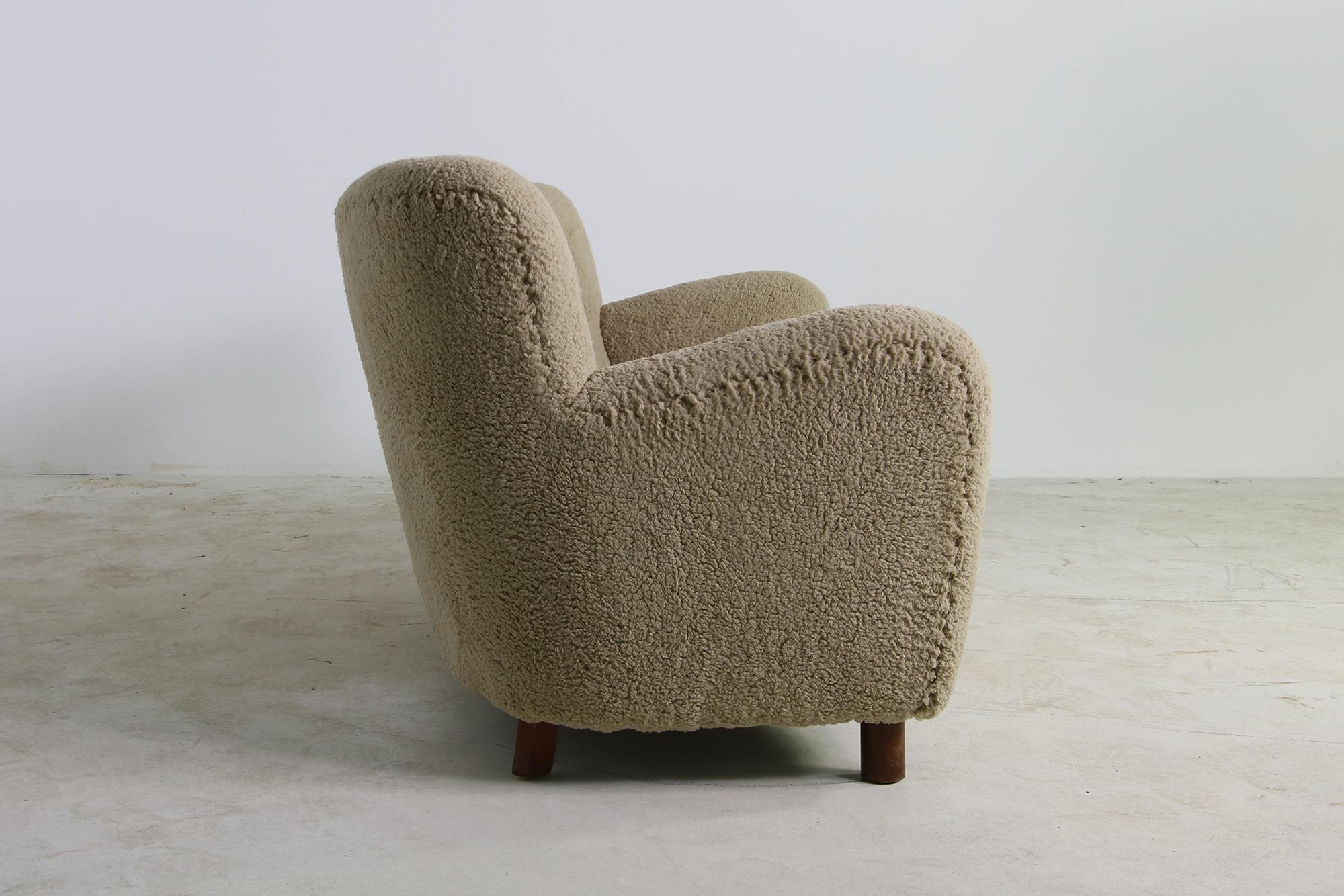 Mid-Century Modern Unique Curved Sofa, Midcentury, Teddy Fur, 1950s, Mogens Lassen, Tufted Leather