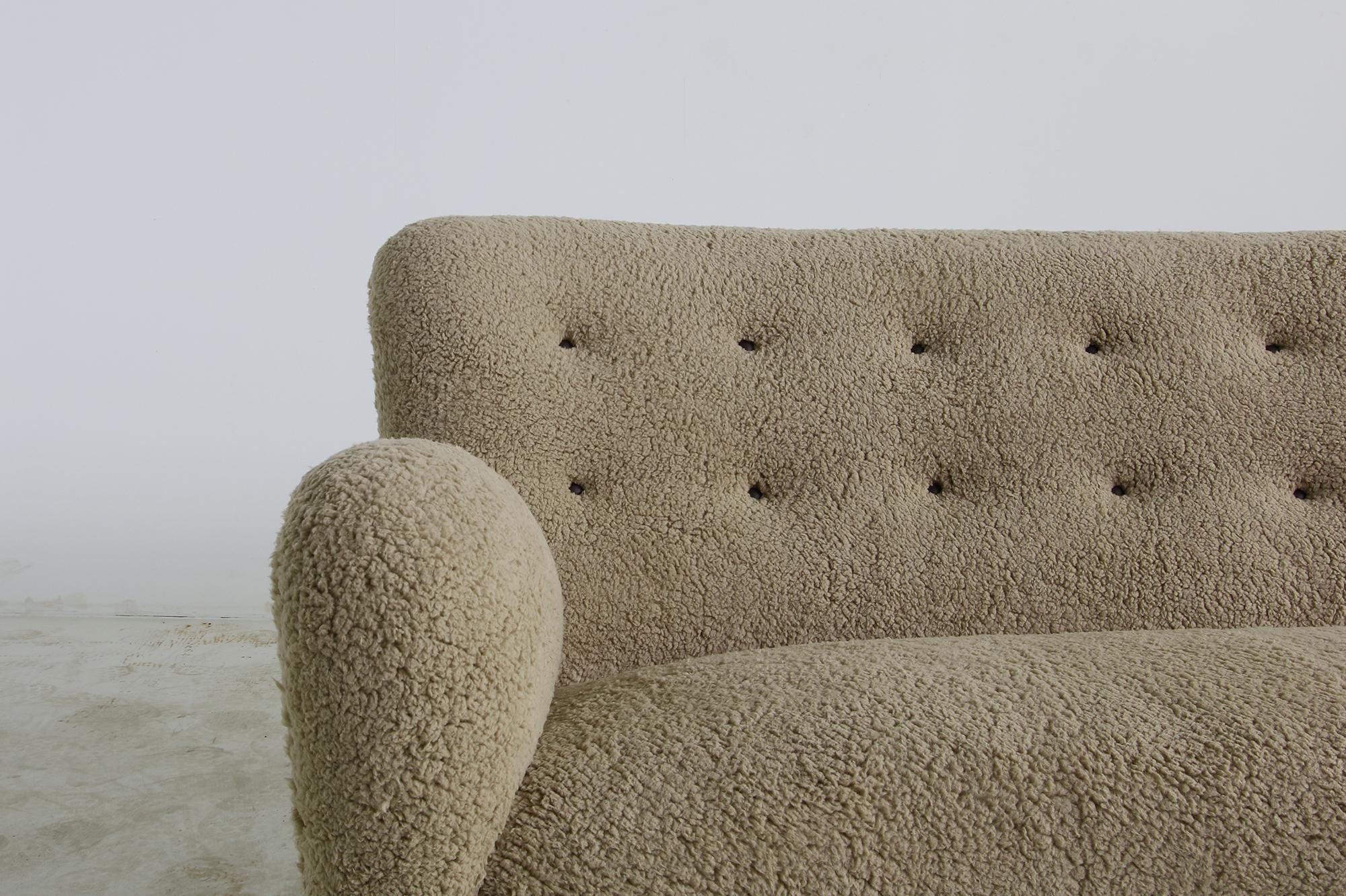 Danish Unique Curved Sofa, Midcentury, Teddy Fur, 1950s, Mogens Lassen, Tufted Leather