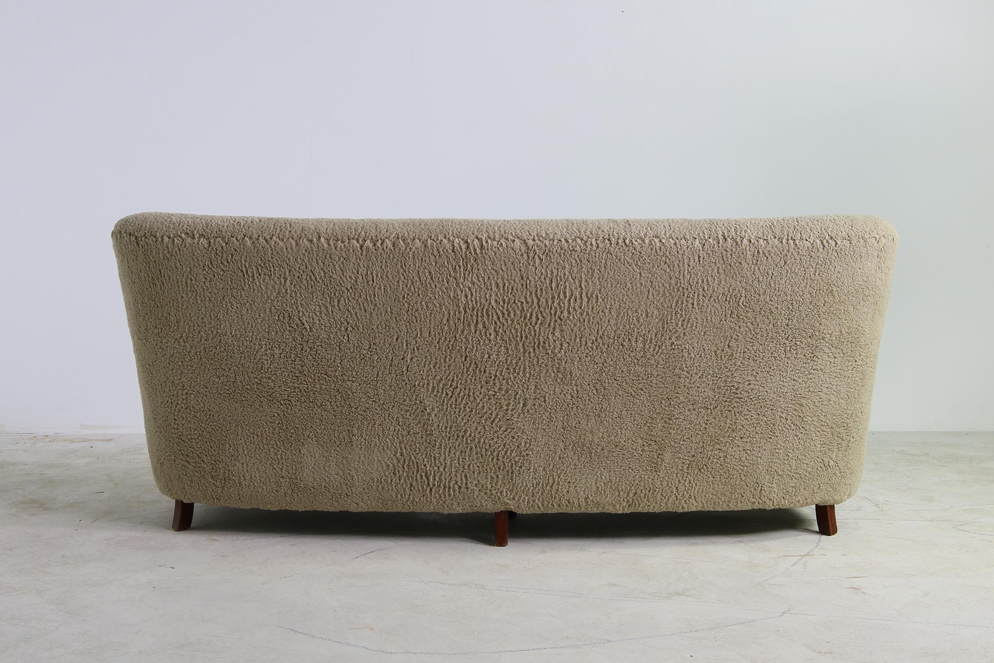 Mid-20th Century Unique Curved Sofa, Midcentury, Teddy Fur, 1950s, Mogens Lassen, Tufted Leather
