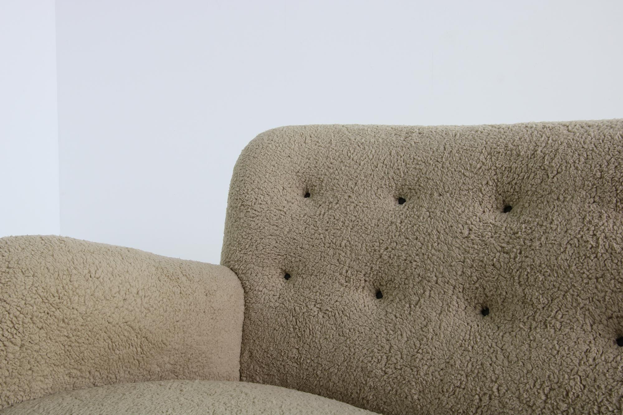 Fabric Unique Curved Sofa, Midcentury, Teddy Fur, 1950s, Mogens Lassen, Tufted Leather