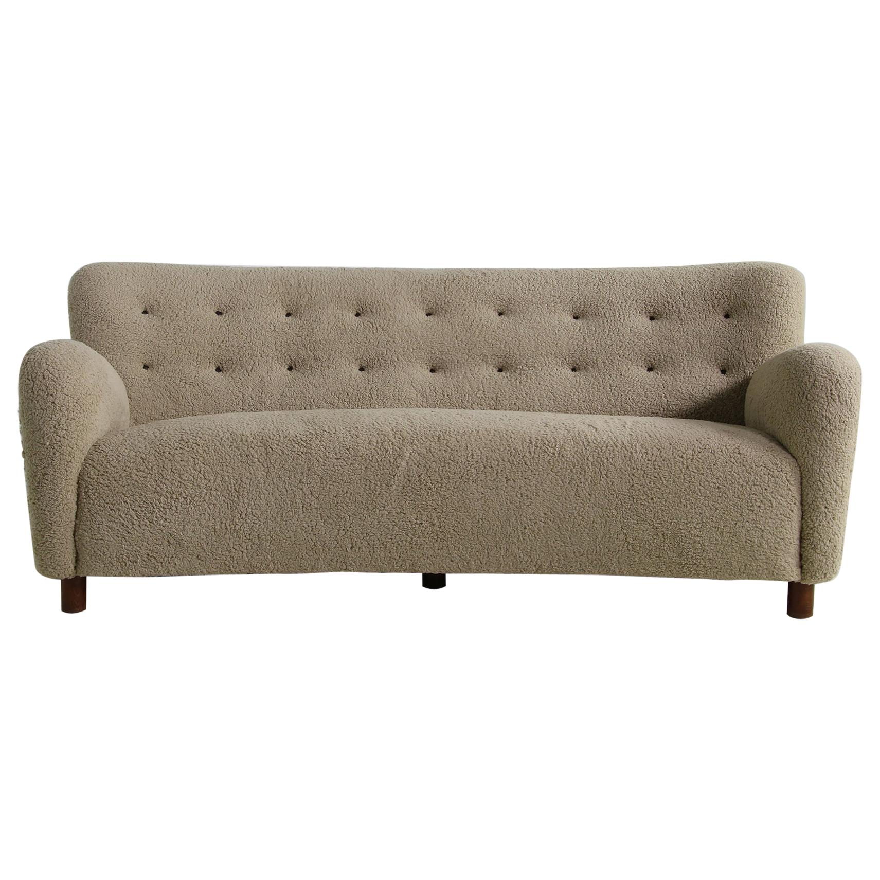 Unique Curved Sofa, Midcentury, Teddy Fur, 1950s, Mogens Lassen, Tufted Leather