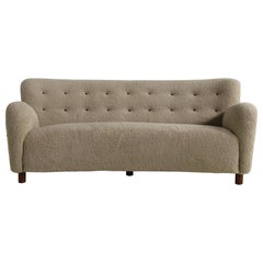 Unique Curved Sofa, Midcentury, Teddy Fur, 1950s, Mogens Lassen, Tufted Leather