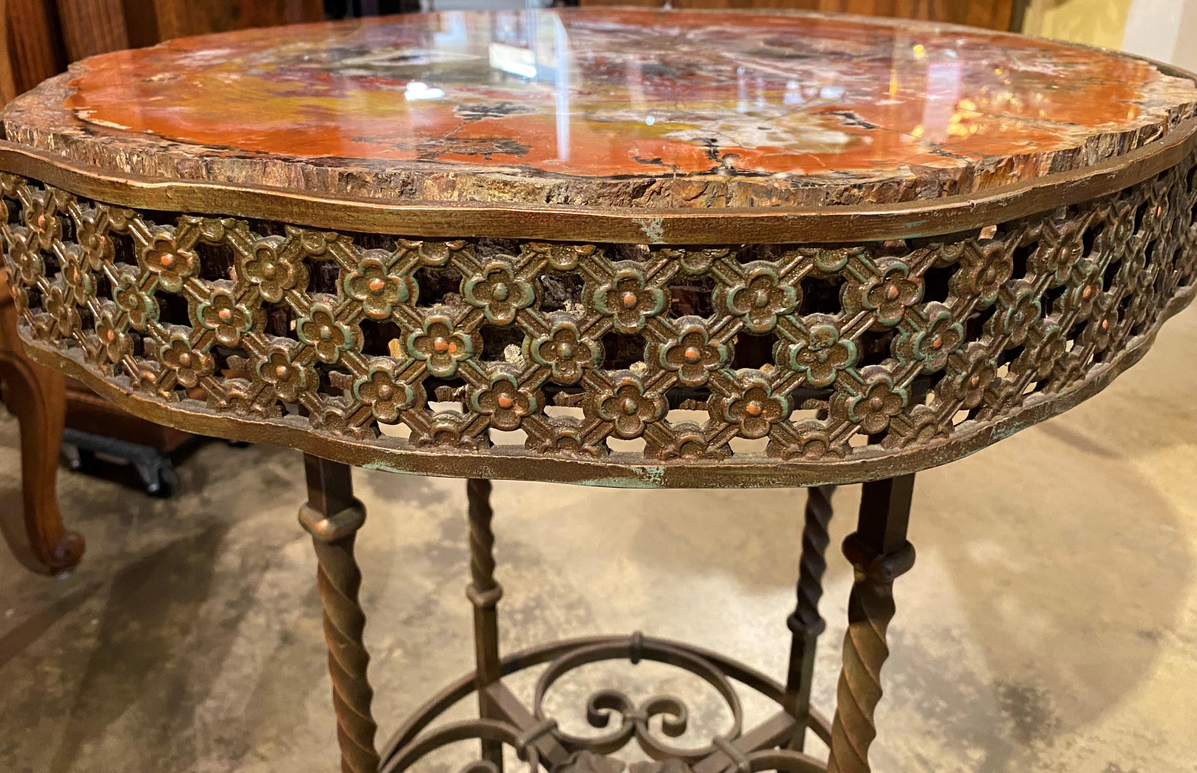 Patinated Unique Custom Bronze Scrollwork Side Table with Petrified Wood Top