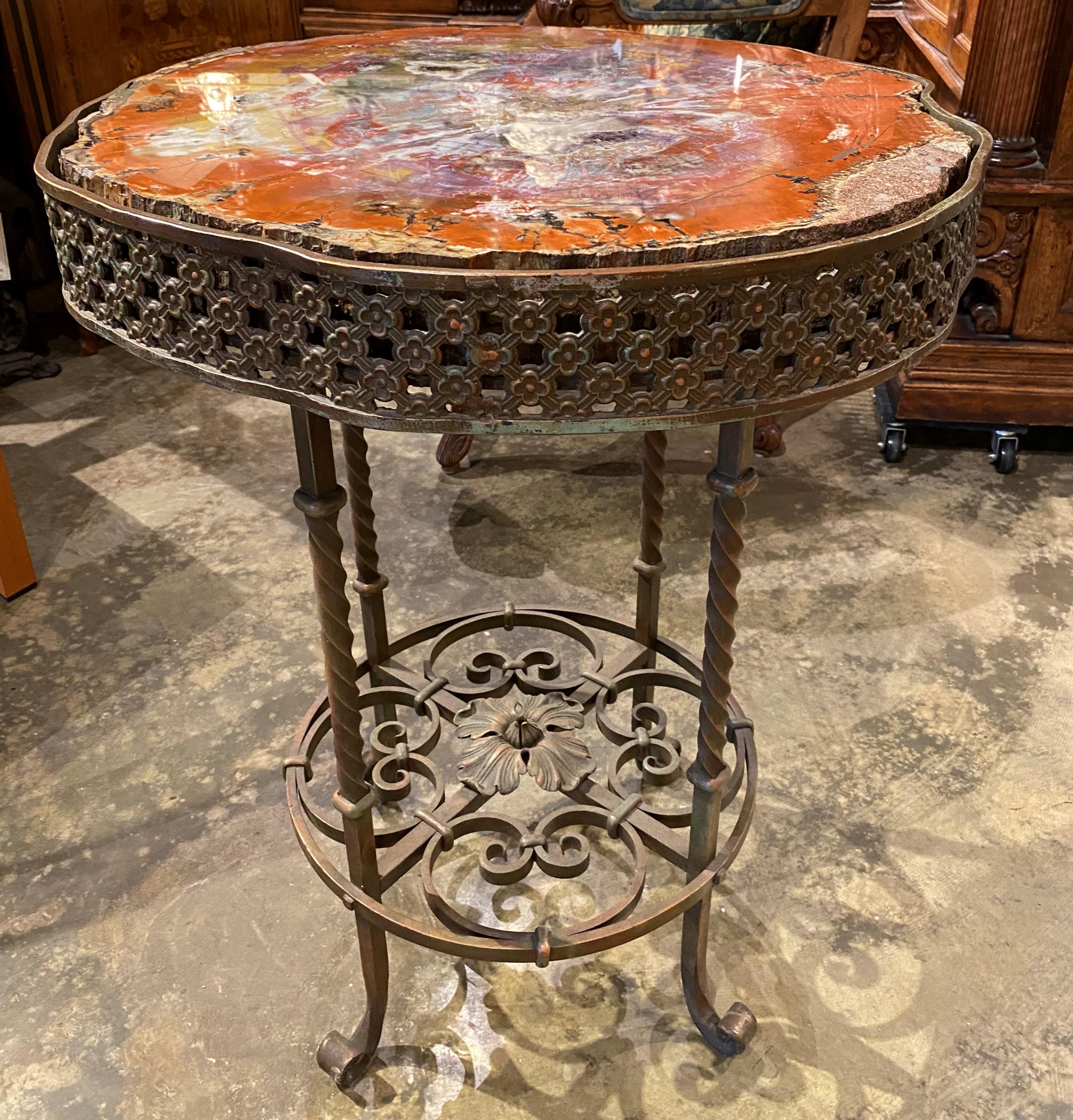 Unique Custom Bronze Scrollwork Side Table with Petrified Wood Top In Good Condition In Milford, NH