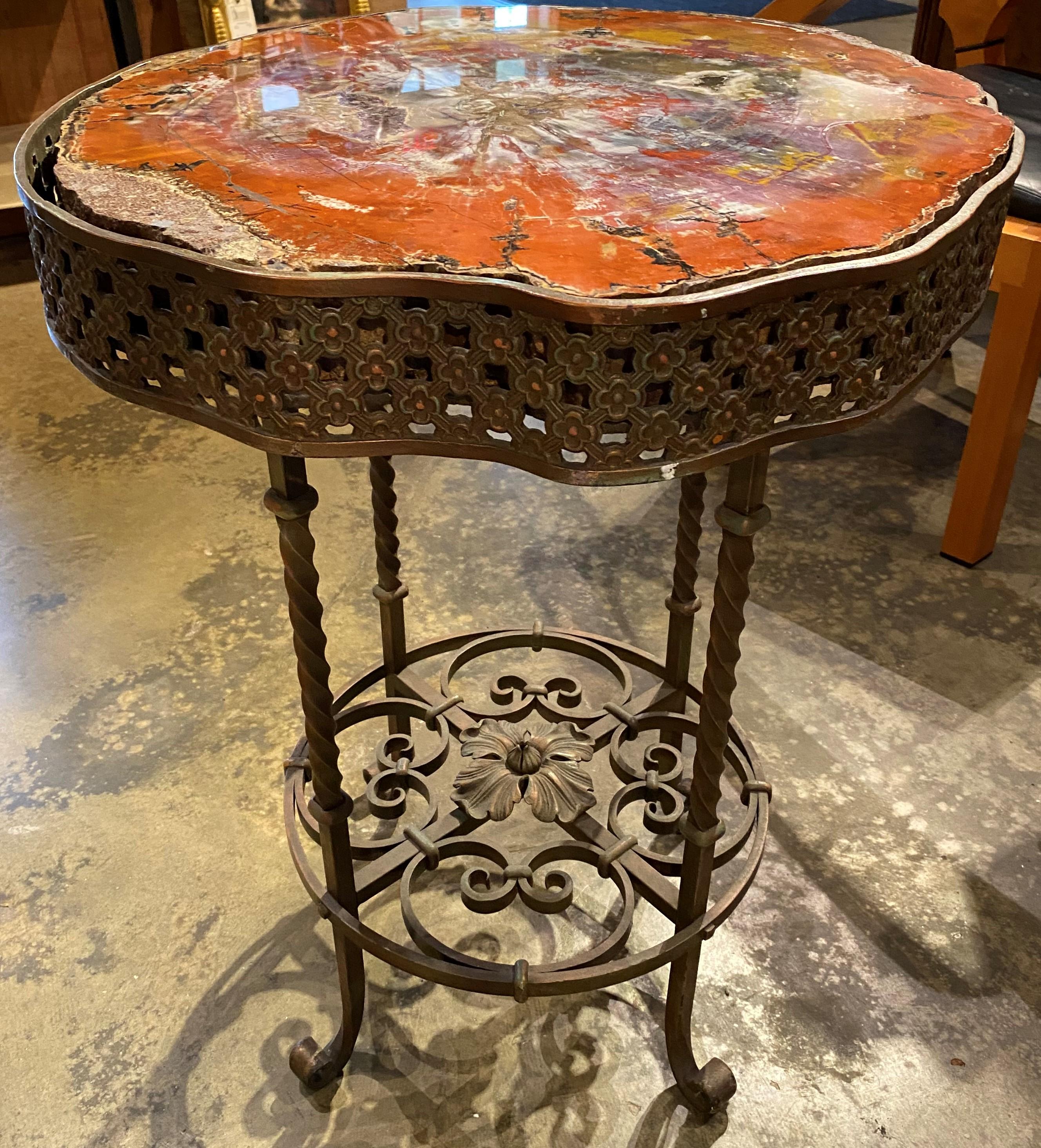 20th Century Unique Custom Bronze Scrollwork Side Table with Petrified Wood Top