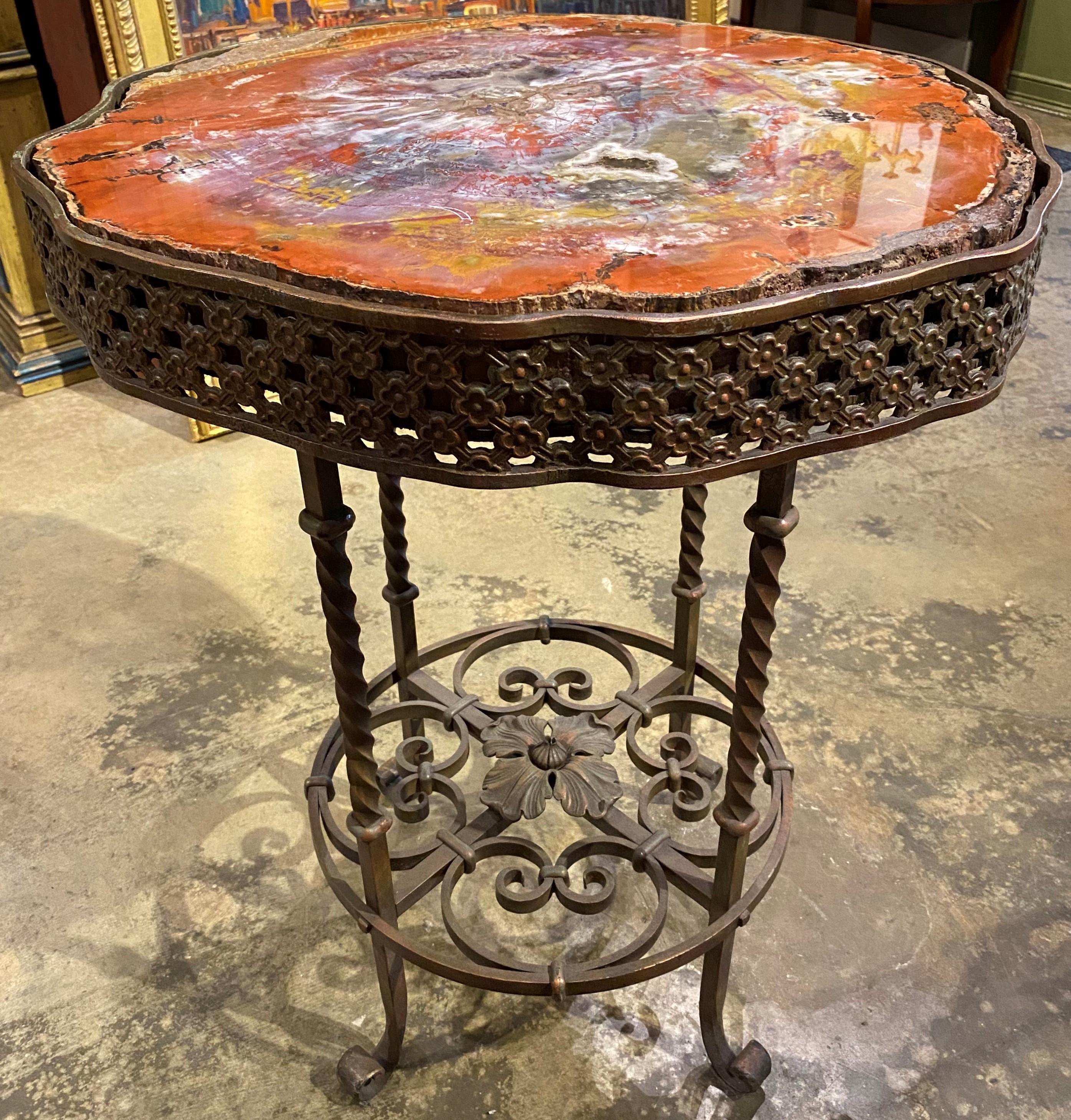 Unique Custom Bronze Scrollwork Side Table with Petrified Wood Top 1