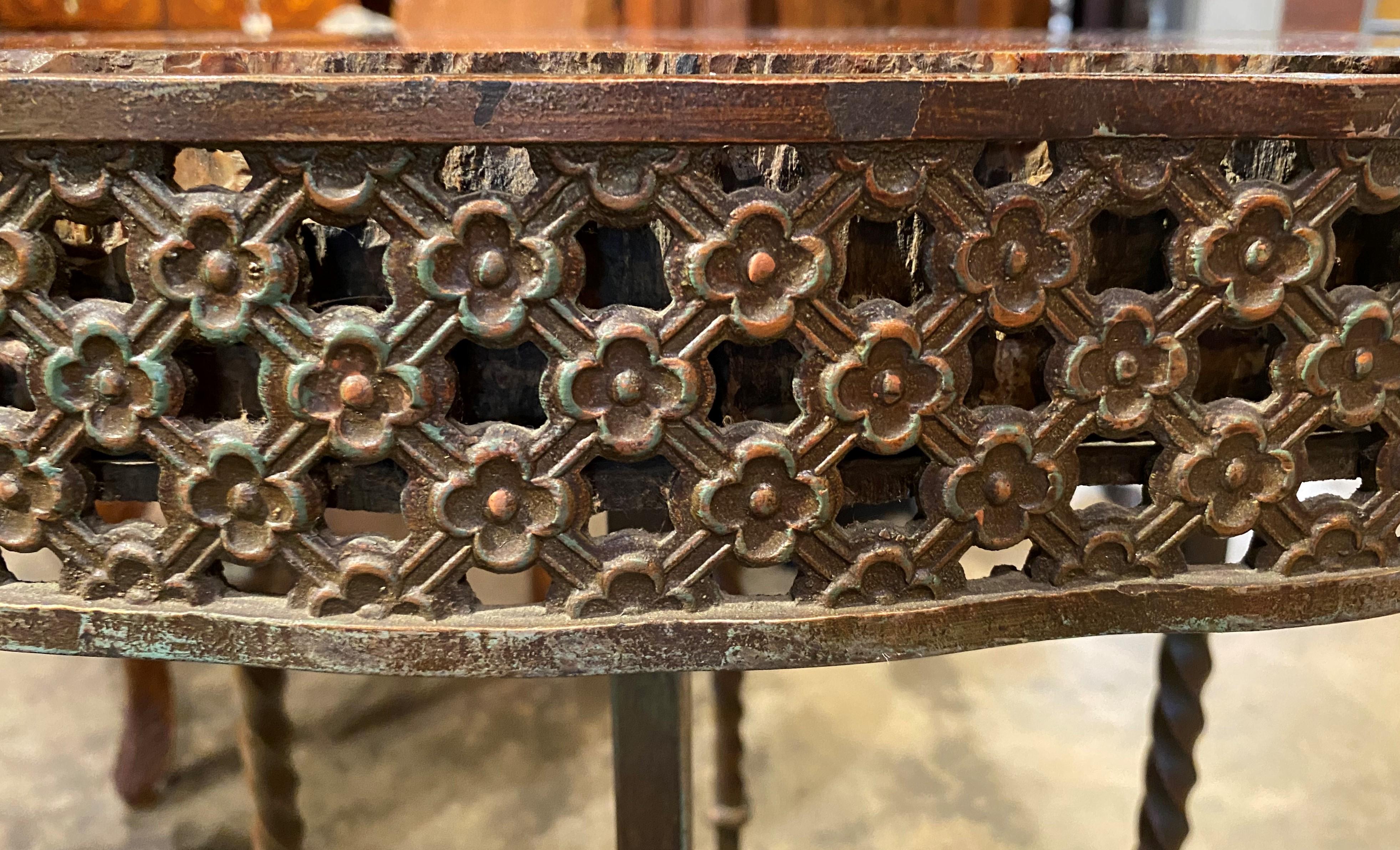 Unique Custom Bronze Scrollwork Side Table with Petrified Wood Top 3