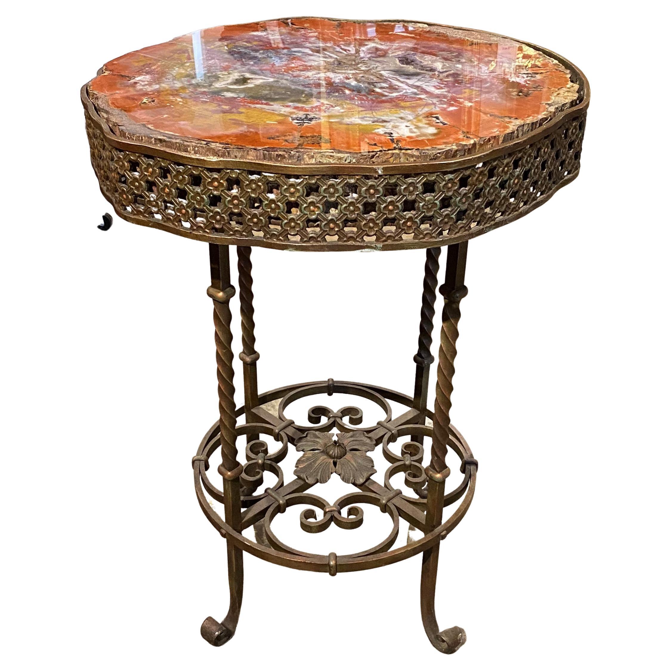 Unique Custom Bronze Scrollwork Side Table with Petrified Wood Top