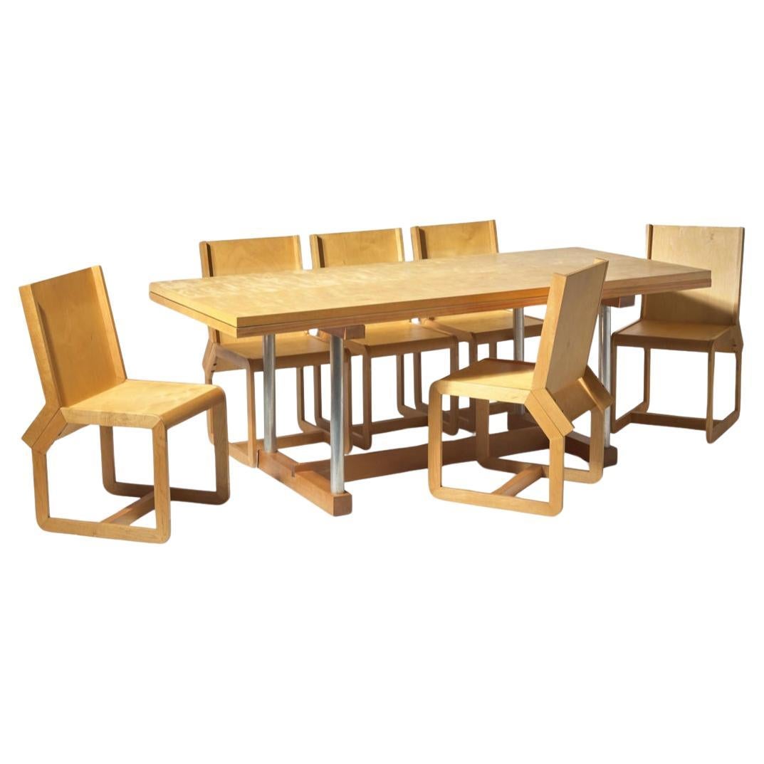 Woodwork Unique custom fabricated post modern blonde birch Plywood dining set  For Sale