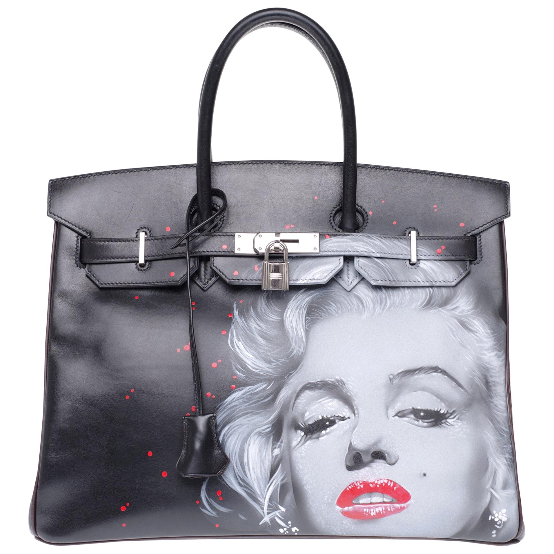 UNIQUE Customized "Marilyn" #78 Birkin 35 handbag in black/brown calfskin, PHW