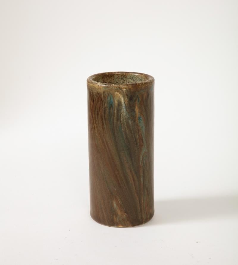 Art Nouveau Unique Cylindrical Brown and Green Ceramic Vase by Jean Pointu, c. 1920 For Sale
