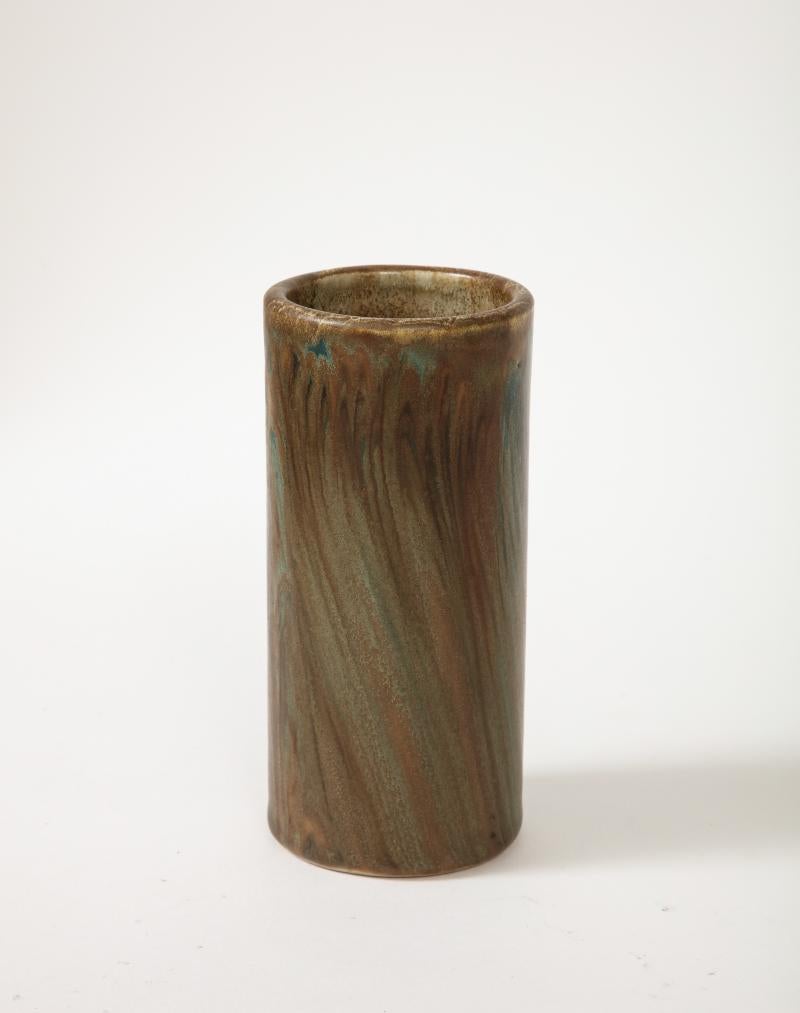 French Unique Cylindrical Brown and Green Ceramic Vase by Jean Pointu, c. 1920 For Sale