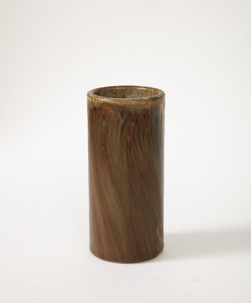 Glazed Unique Cylindrical Brown and Green Ceramic Vase by Jean Pointu, c. 1920 For Sale