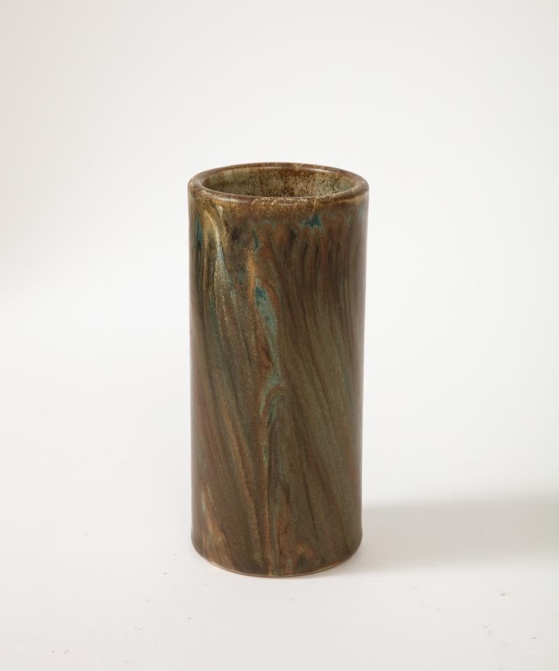 Unique Cylindrical Brown and Green Ceramic Vase by Jean Pointu, c. 1920 In Good Condition For Sale In New York City, NY