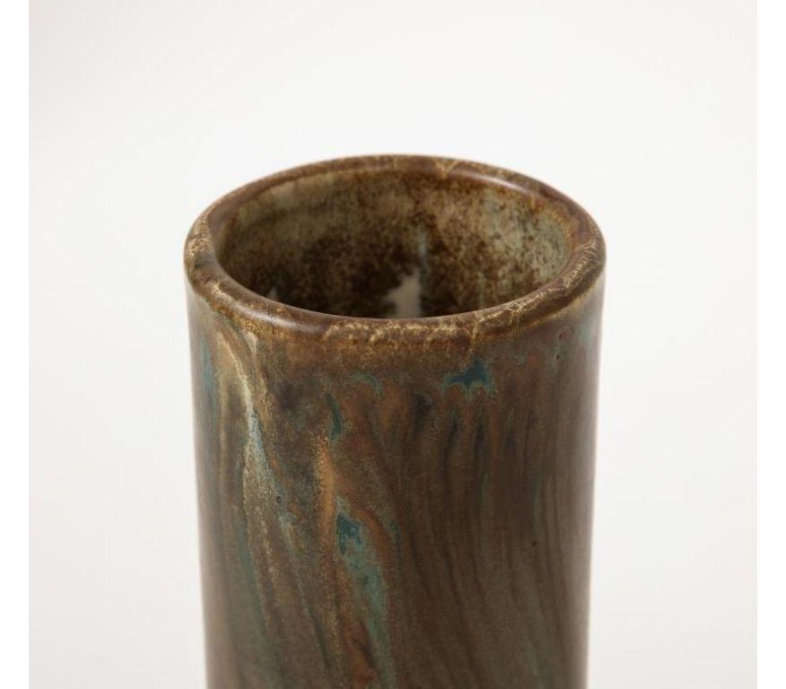 Unique Cylindrical Brown and Green Ceramic Vase by Jean Pointu, c. 1920 For Sale 1