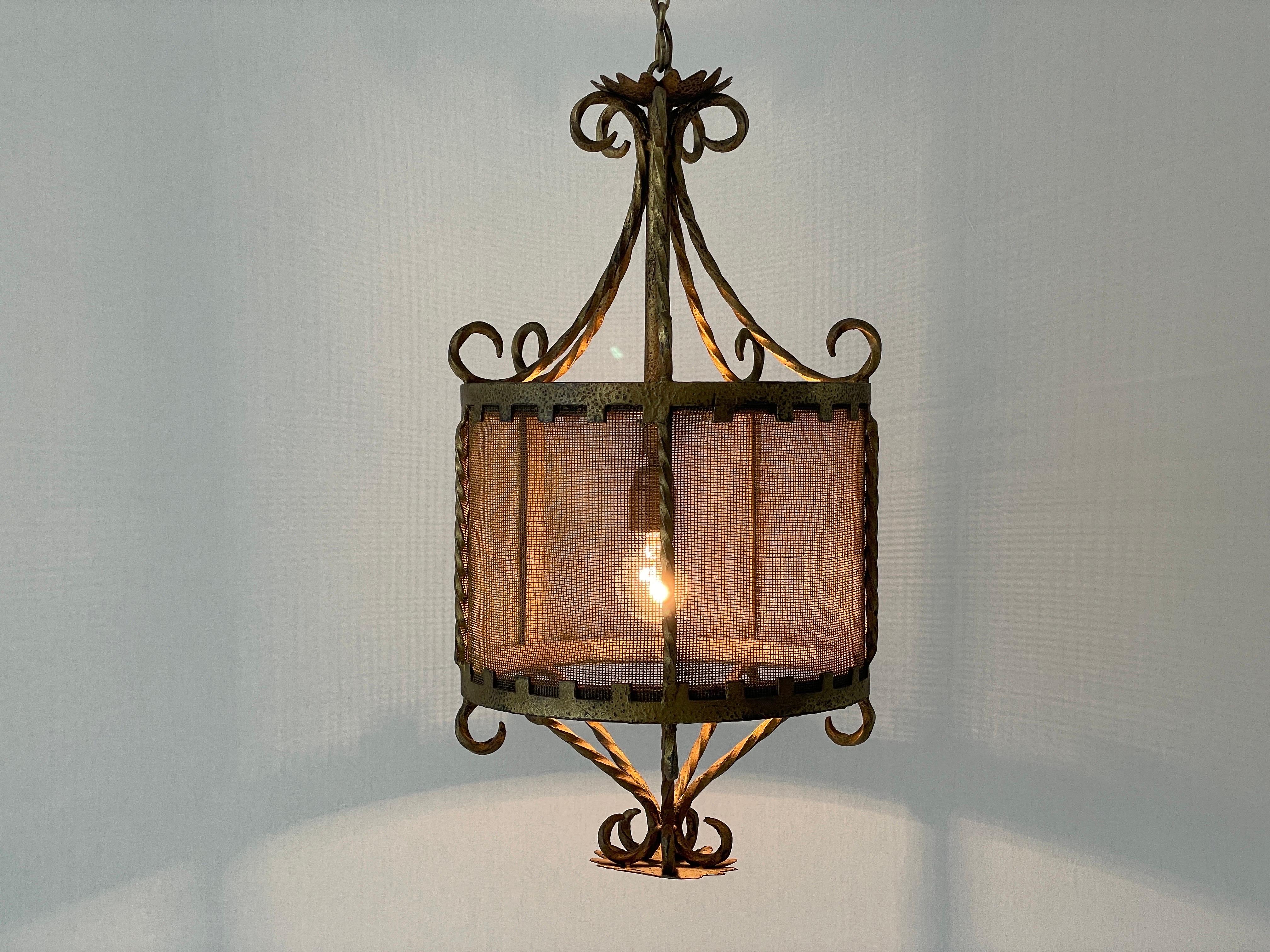 Unique Cylindrical Wrought Iron Hall Ceiling Lamp, 1940s, Germany 5