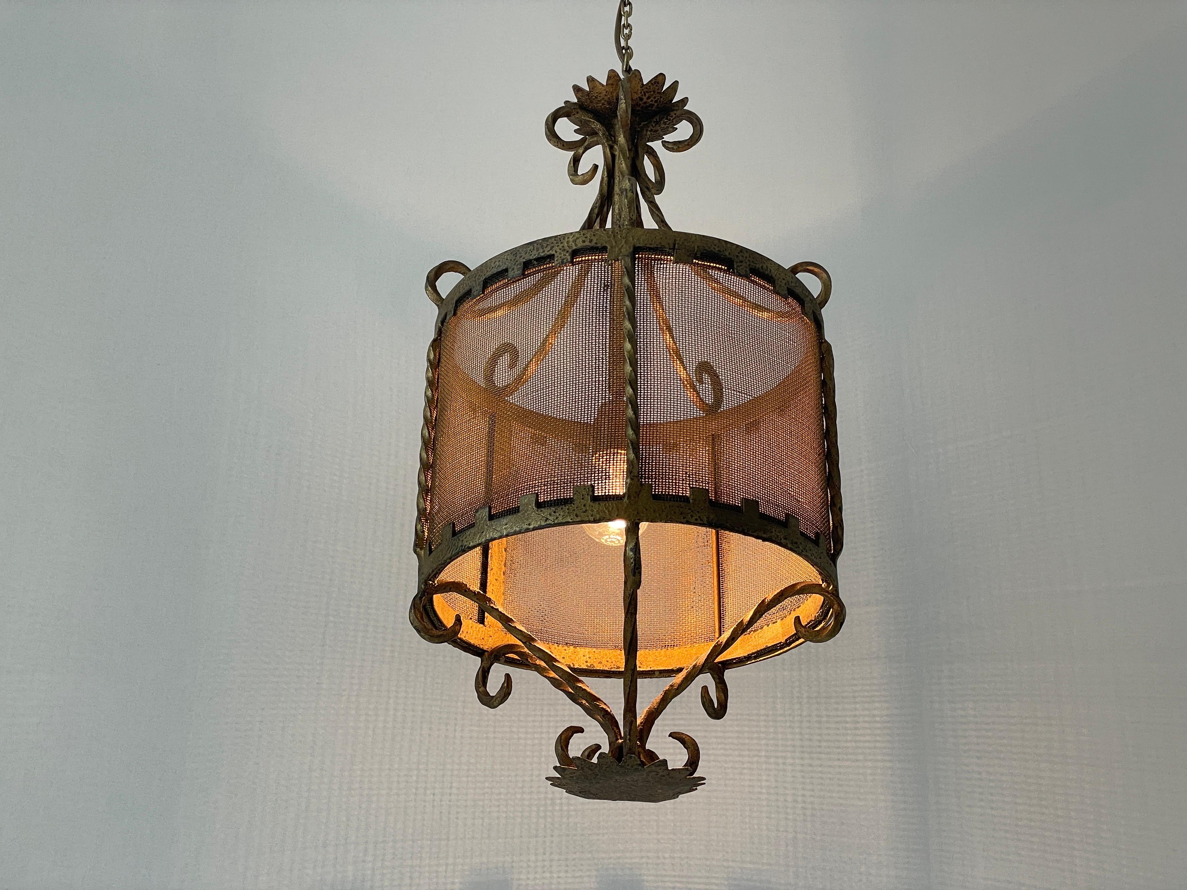 Unique Cylindrical Wrought Iron Hall Ceiling Lamp, 1940s, Germany 7