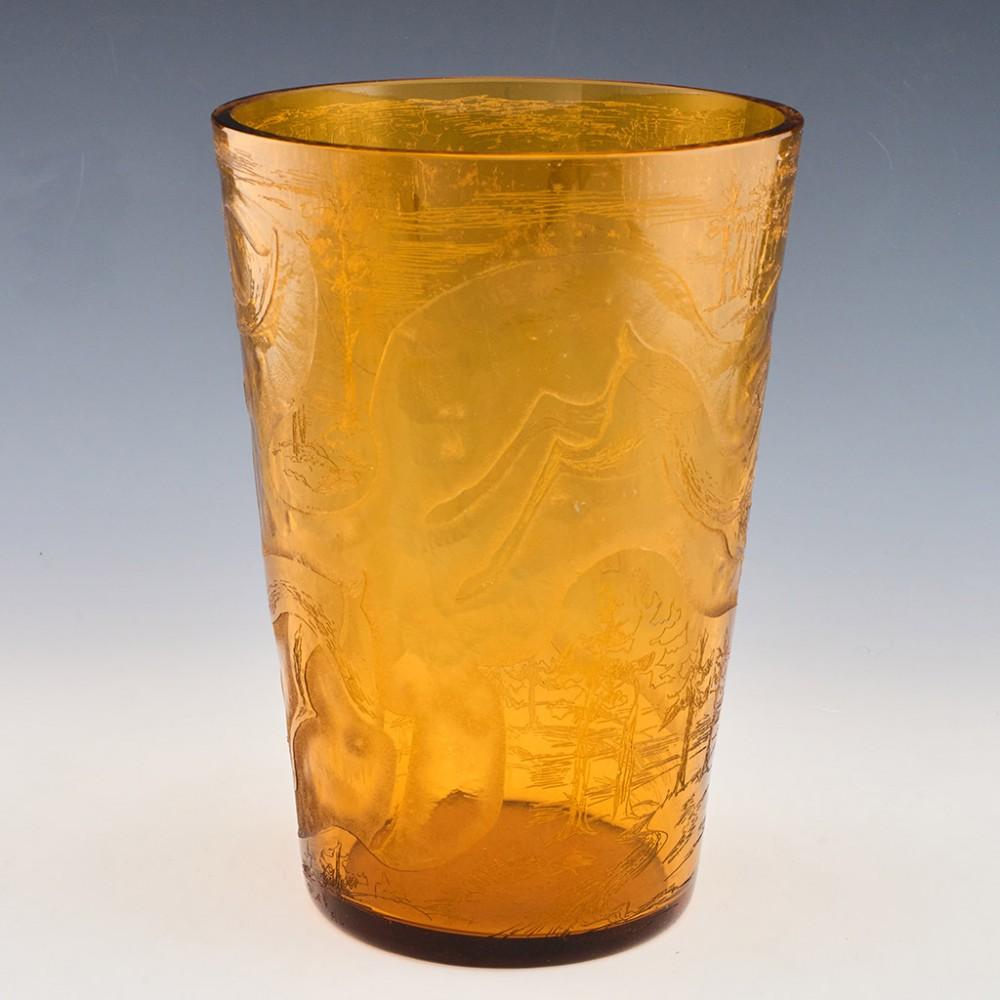 Heading : Unique Czech amber acid ethced cameo glass vase
Date : c1955
Origin : Probably made as an exhibition piece by a student at Kamenicky Senov, Novy Bor, or Zelezny Brod school, Czechoslovakia
Bowl Features : Amber glass with acid etched and