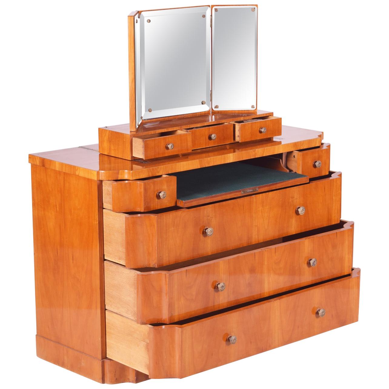 Unique Czech Art Deco Dressing Table with Mirror, Cherry-Tree, Restored, 1920s