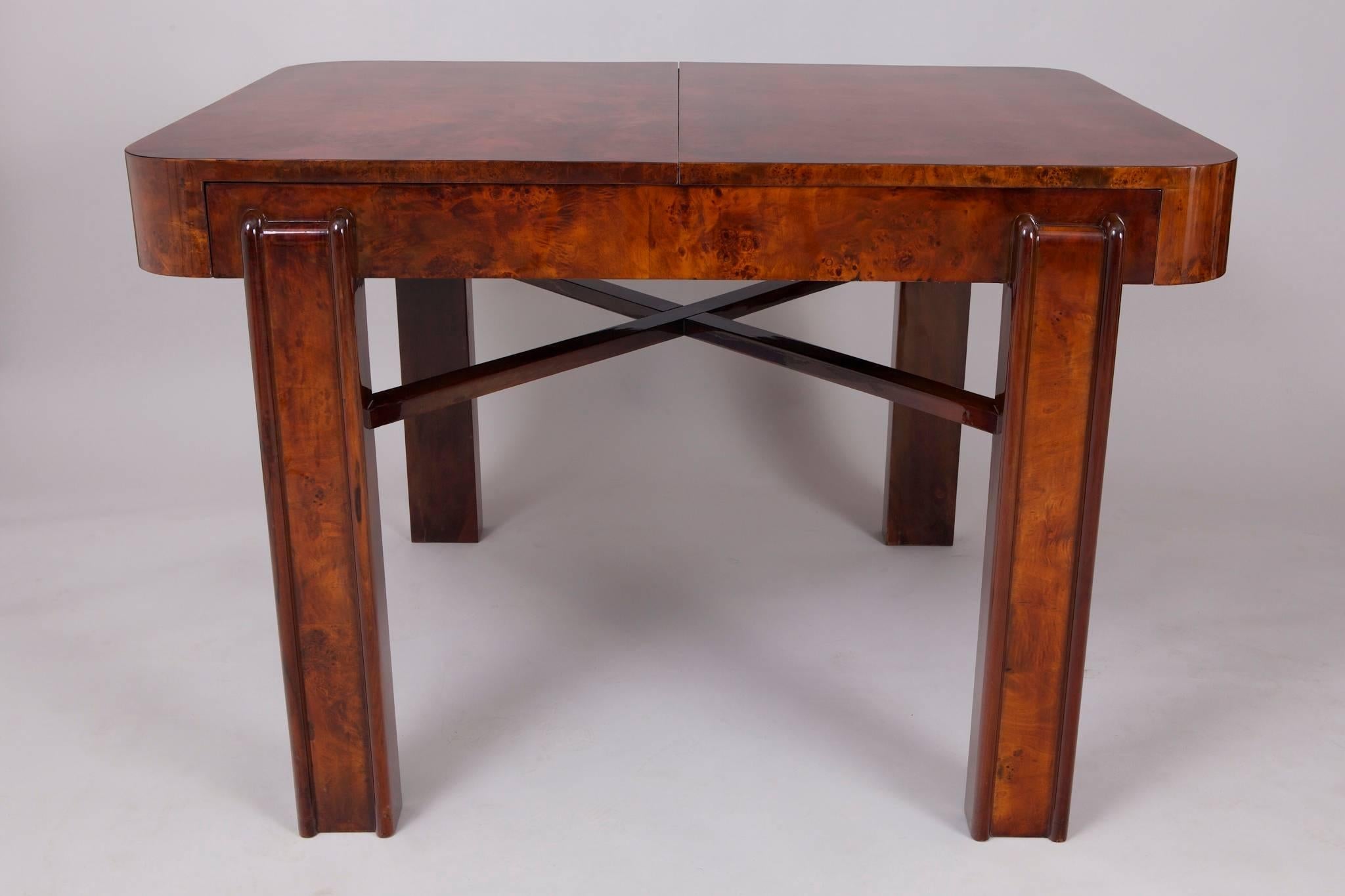 Mid-20th Century Unique Czech Large Walnut Art Deco Extendable Dining Table, High Gloss