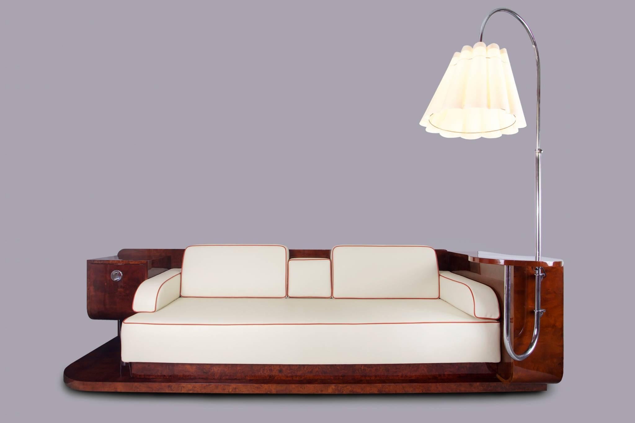 Unique wide Art Deco sofa with lamp.
Completely restored to high gloss.
Period: 1930-1939
Source: Czechoslovakia.

We guarantee safe a the cheapest air transport from Europe to the whole world within 7 days.
The price is the same as for ship