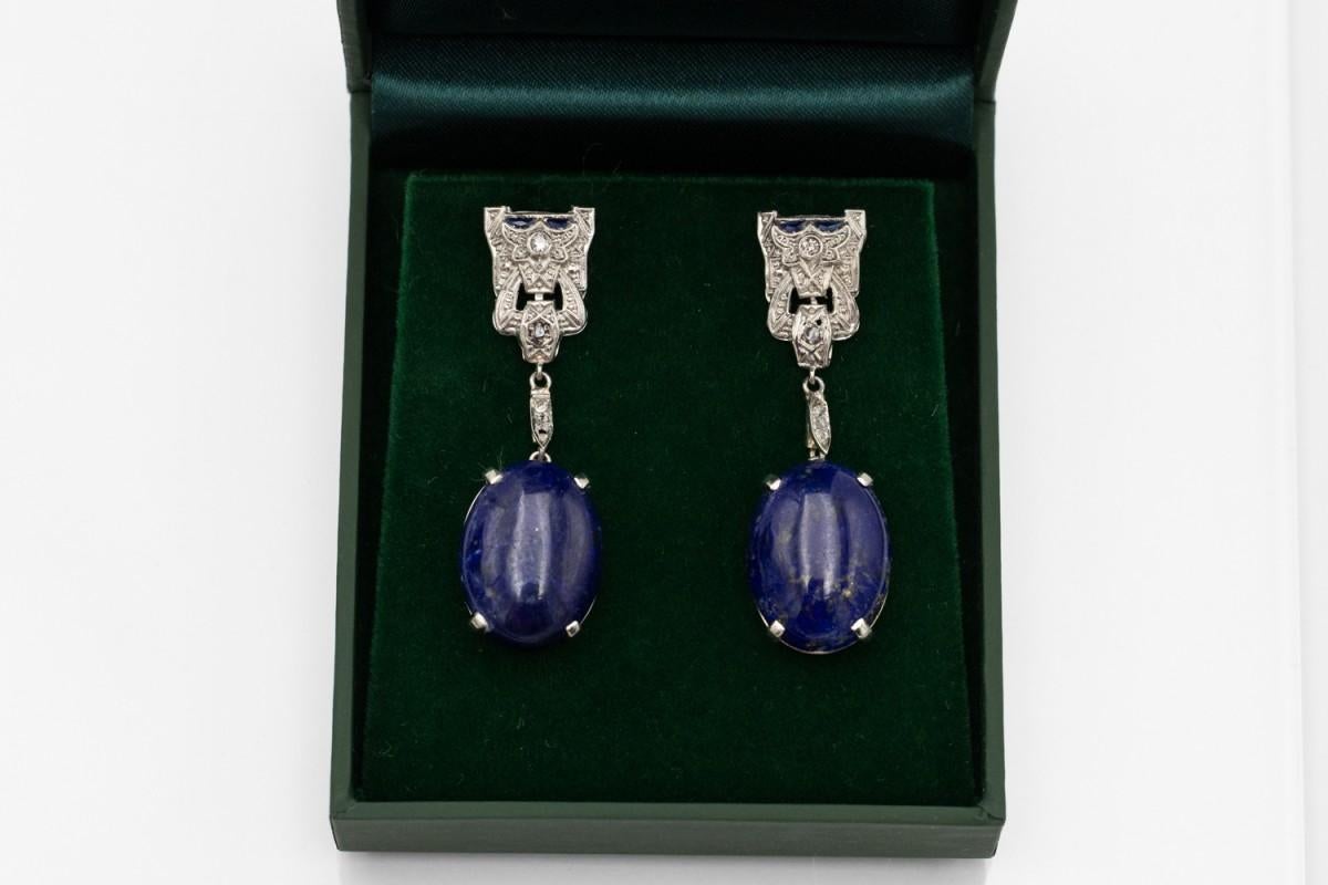 Boucles d'oreilles pendantes uniques de style Art déco avec lapis-lazuli et diamants. Bon état - En vente à Chorzów, PL