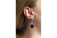 Unique platinum dangling earrings Art Deco style with lapis lazuli and diamonds