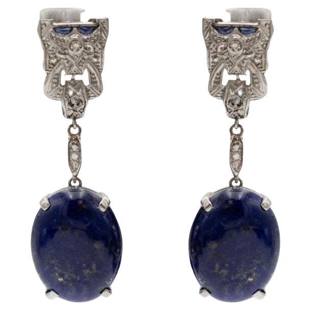 Unique dangling earrings Art Deco style with lapis lazuli and diamond.