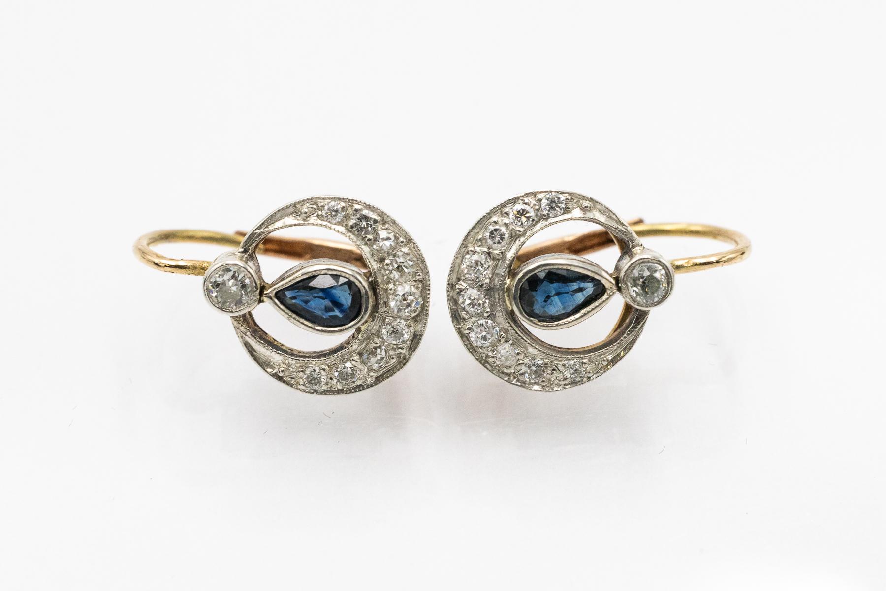 Boucles d'oreilles pendantes uniques avec saphirs et diamants, Autriche-Hongrie vers 1920 Bon état - En vente à Chorzów, PL