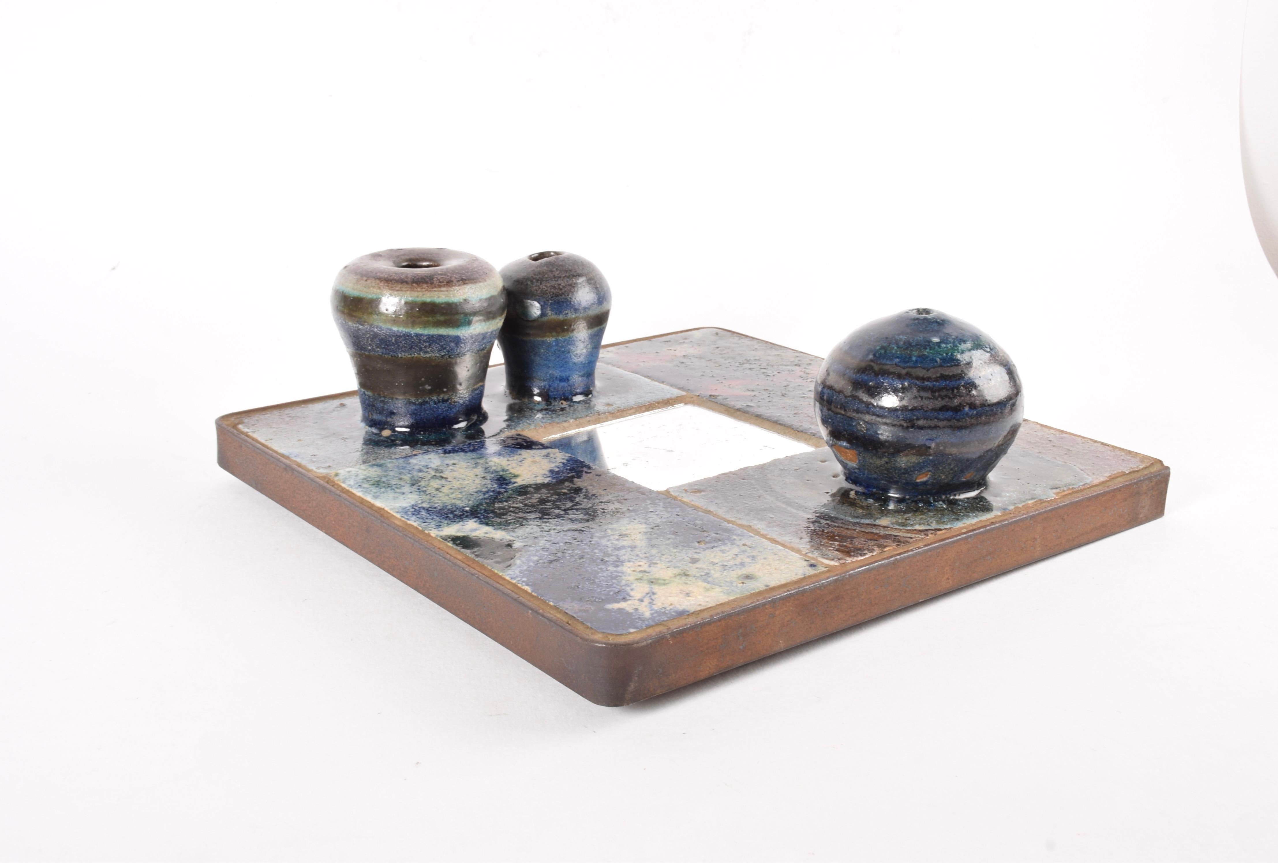Glazed Unique Danish Brutalist Large Ceramic Wall Art with Mirror by Mette Høm ca 1970s For Sale