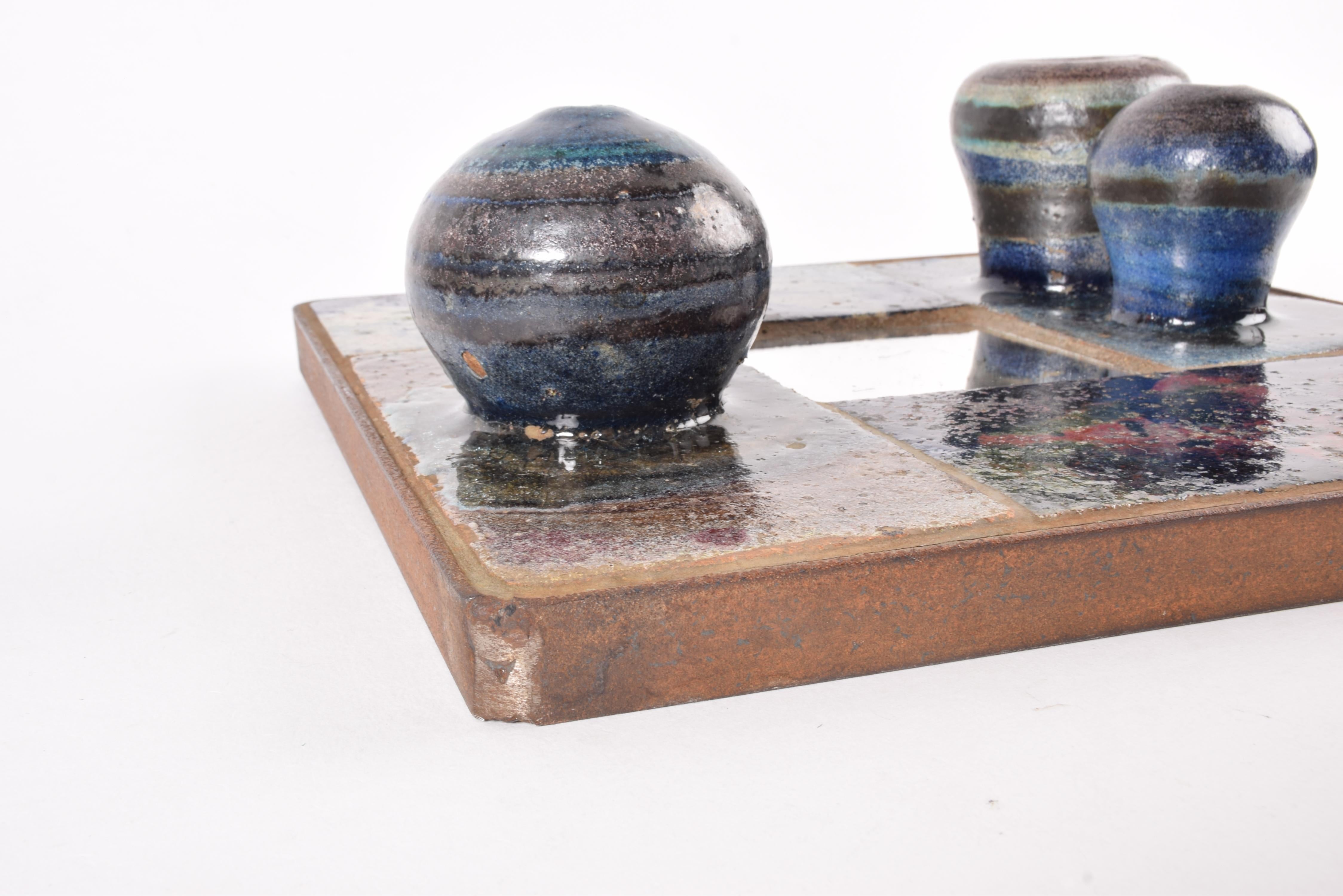 Unique Danish Brutalist Large Ceramic Wall Art with Mirror by Mette Høm ca 1970s For Sale 2