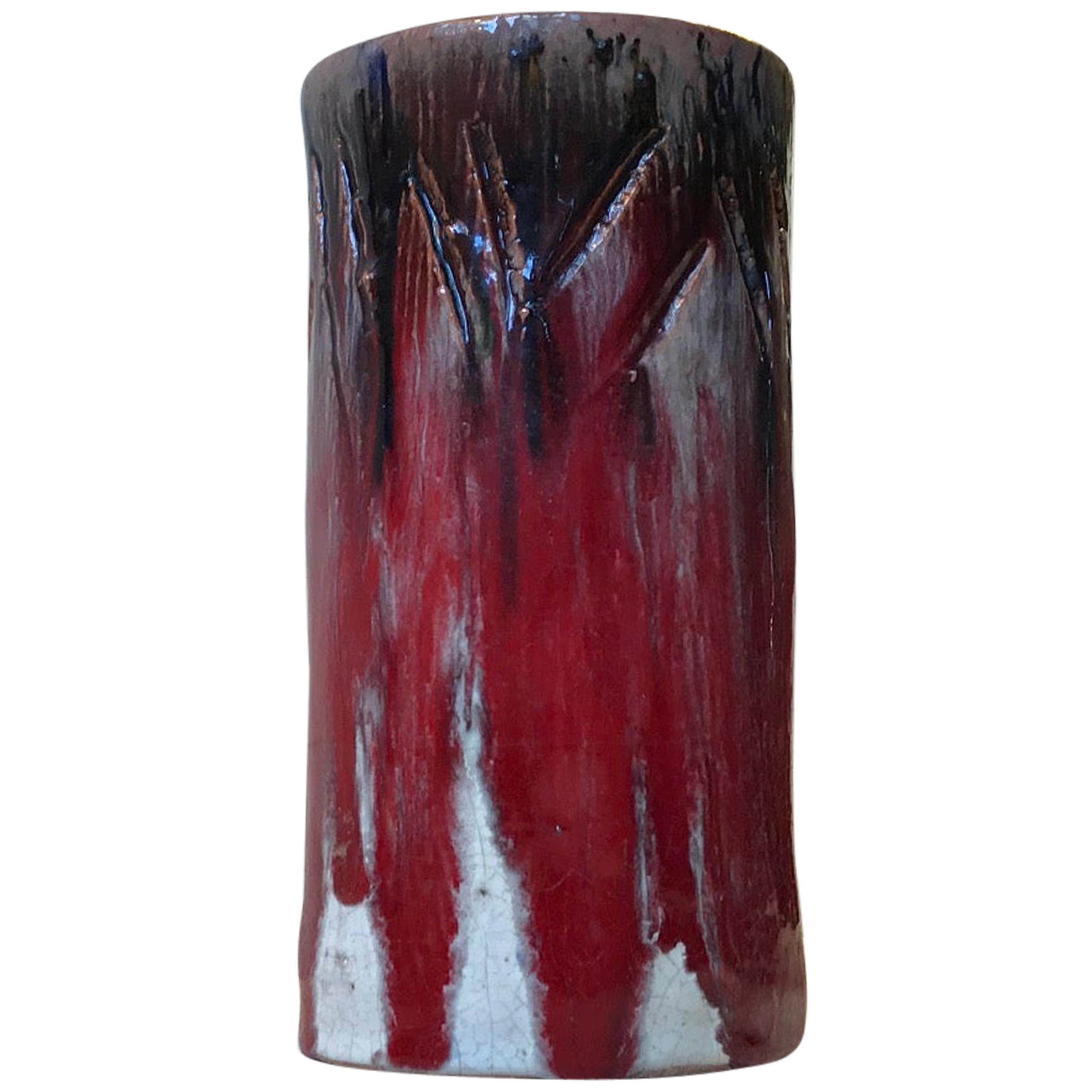 Unique Danish Cylindrical Ceramic Vase in Oxblood and Drip Glaze, 1960s For Sale