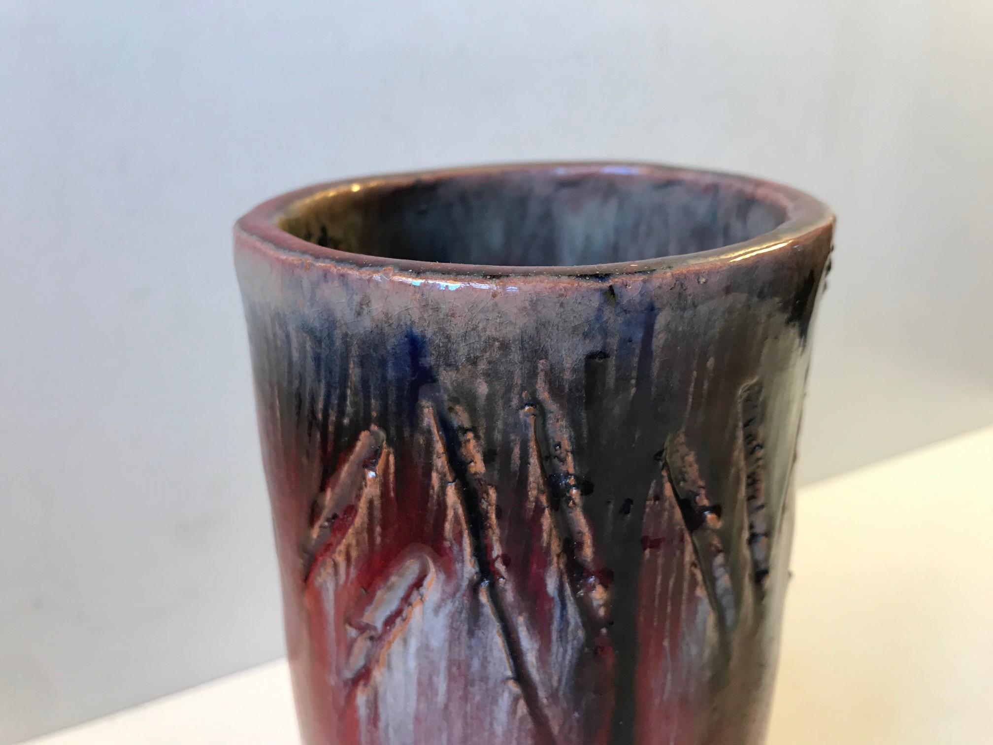 Scandinavian Modern Unique Danish Cylindrical Ceramic Vase in Oxblood and Drip Glaze, 1960s For Sale