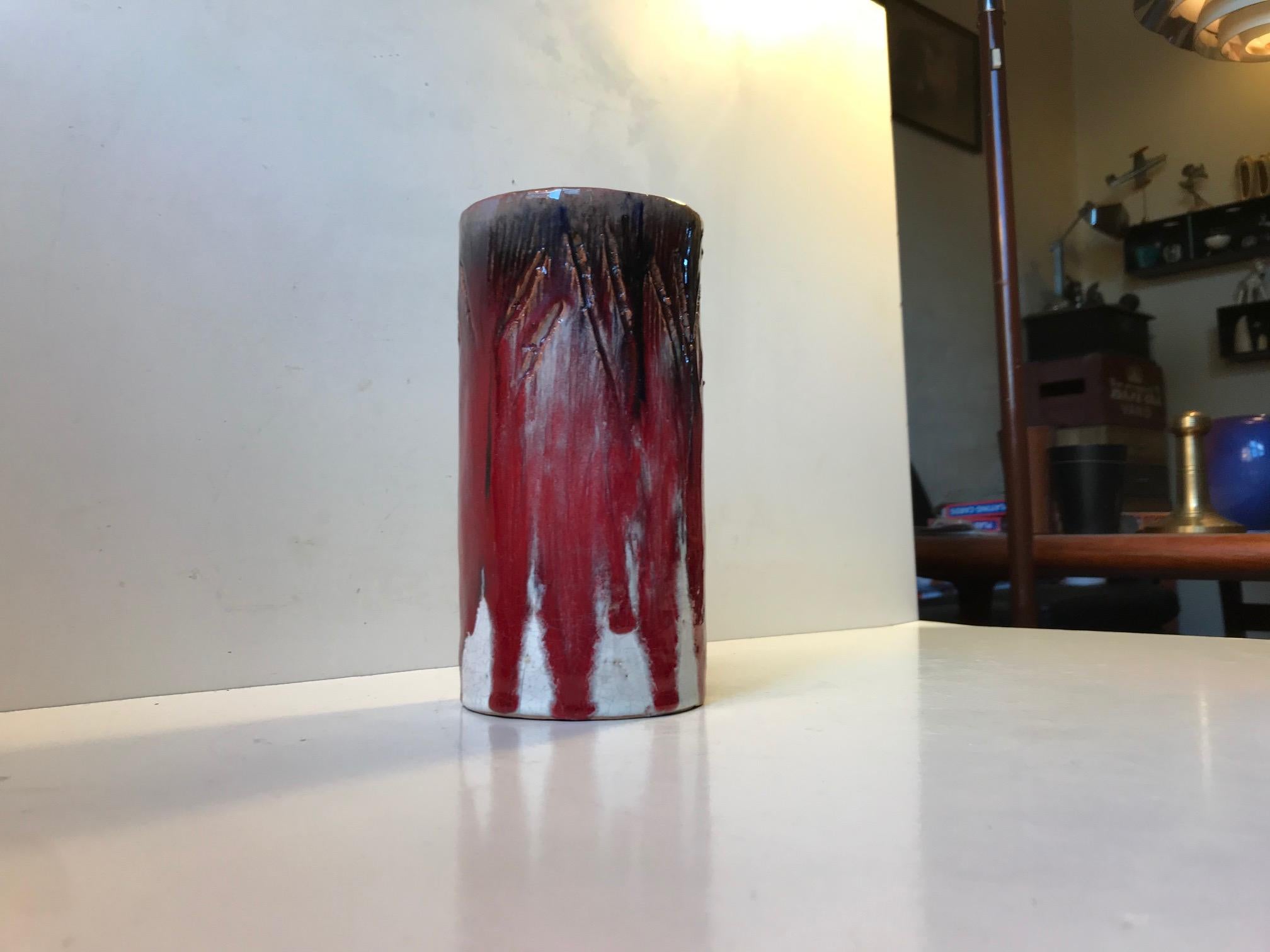 Mid-20th Century Unique Danish Cylindrical Ceramic Vase in Oxblood and Drip Glaze, 1960s For Sale
