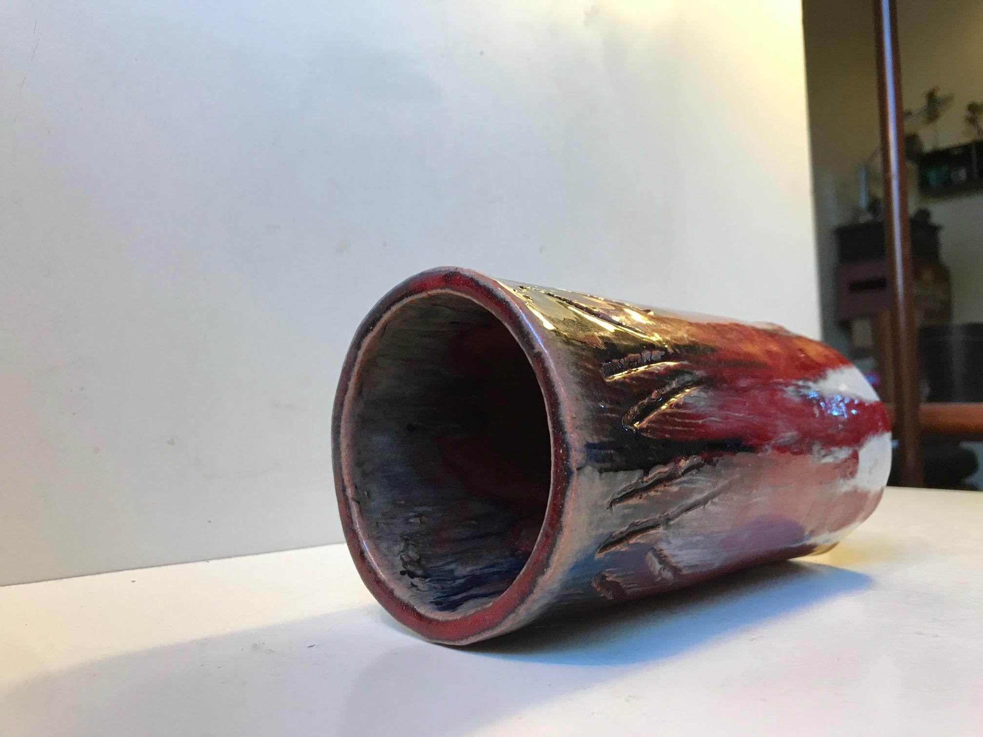 Unique Danish Cylindrical Ceramic Vase in Oxblood and Drip Glaze, 1960s For Sale 1
