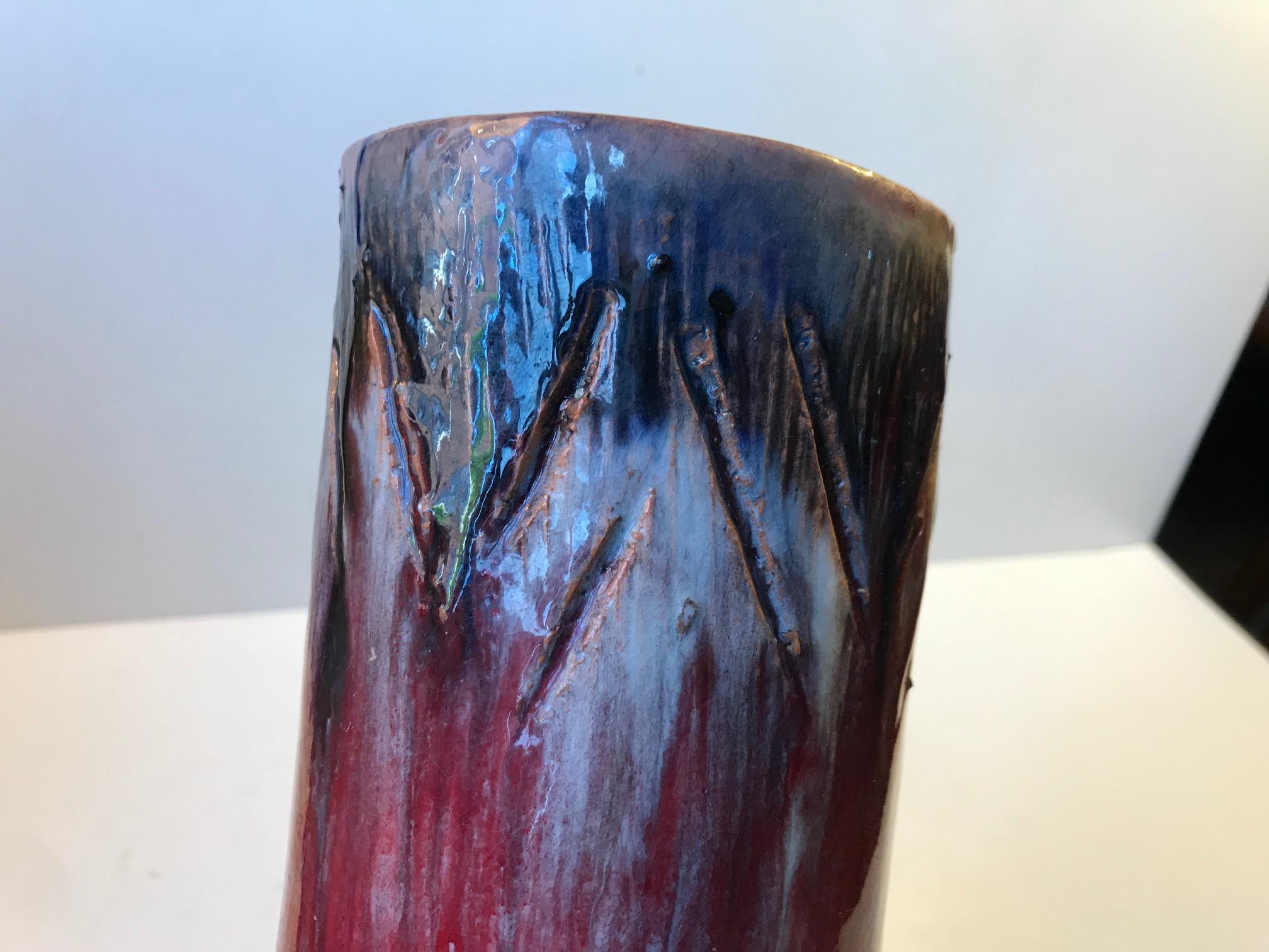 Unique Danish Cylindrical Ceramic Vase in Oxblood and Drip Glaze, 1960s For Sale 2