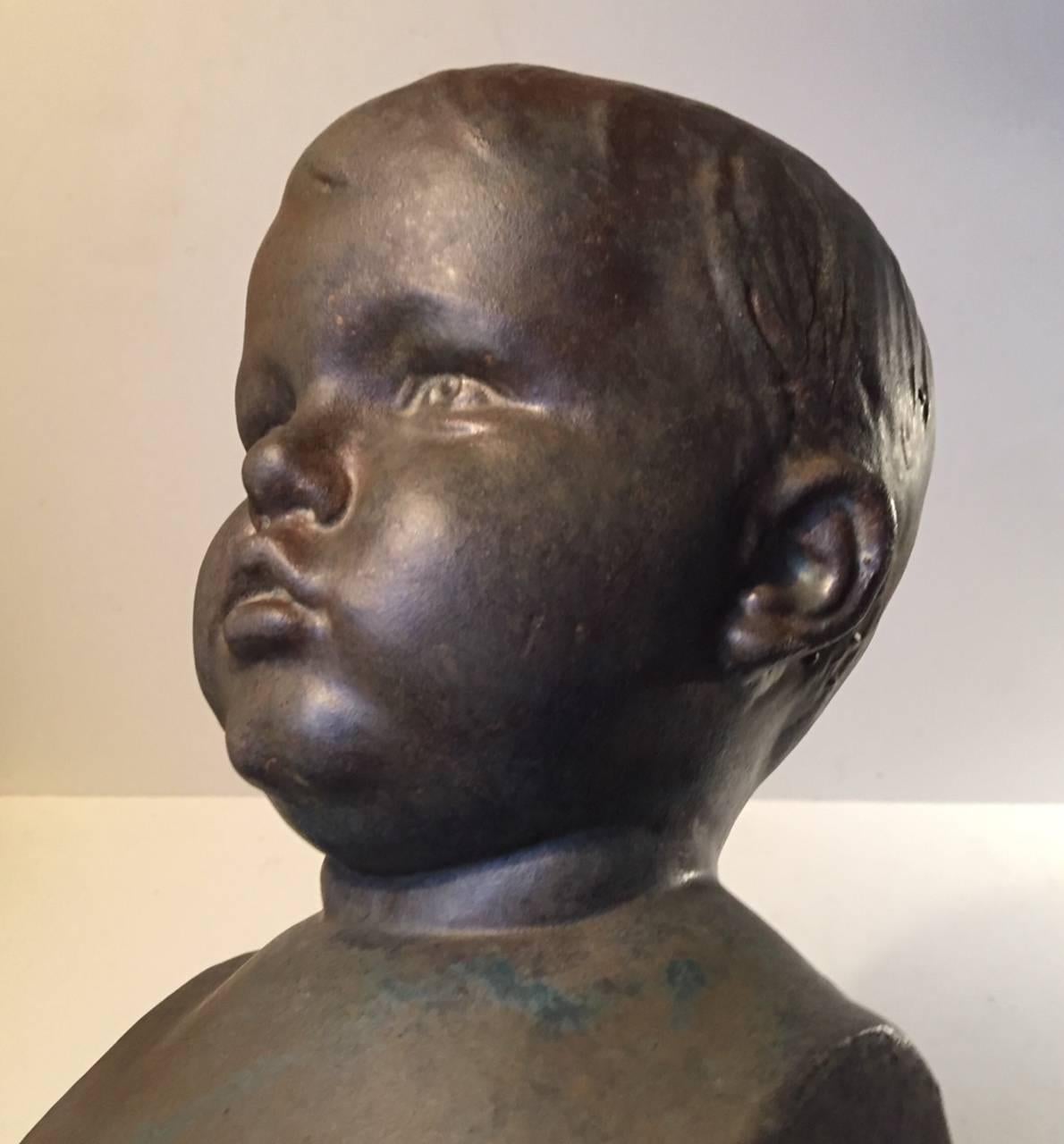 Glazed Baby Boy by Søren Kongstrand Danish Ceramic Bust in Lustre Glaze, 1930s For Sale