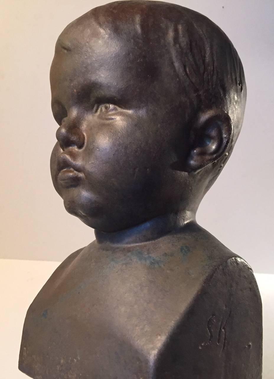 Baby Boy by Søren Kongstrand Danish Ceramic Bust in Lustre Glaze, 1930s For Sale 1