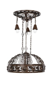 Unique dark brown Antique Wrought Iron French Art Nouveau lamp or chandelier
