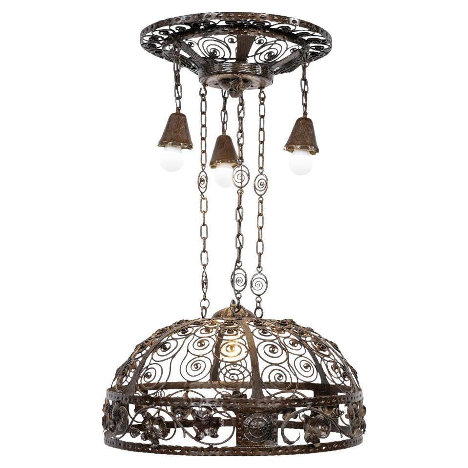 Unique dark brown Antique Wrought Iron French Art Nouveau lamp or chandelier