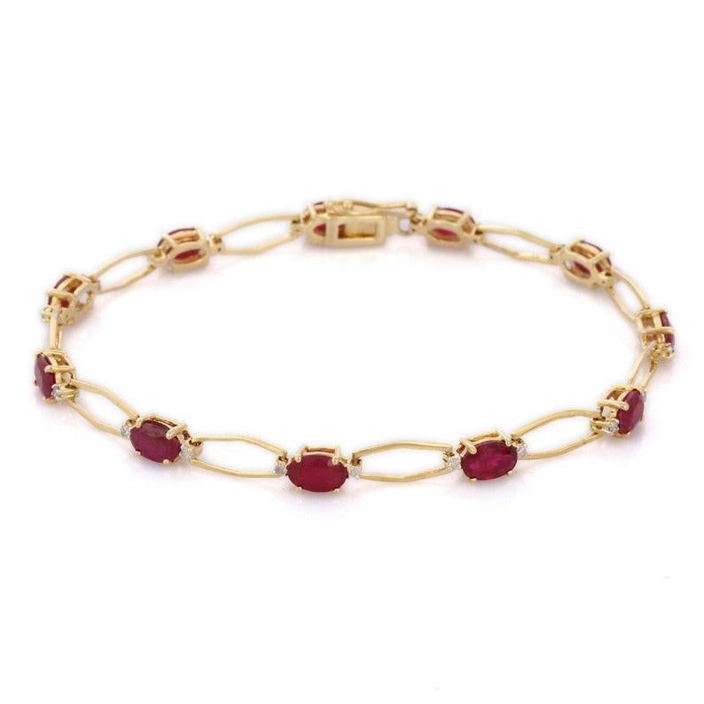 Unique Deep Red Ruby Tennis Bracelet with Diamonds in 14kt Solid Yellow Gold For Sale 4
