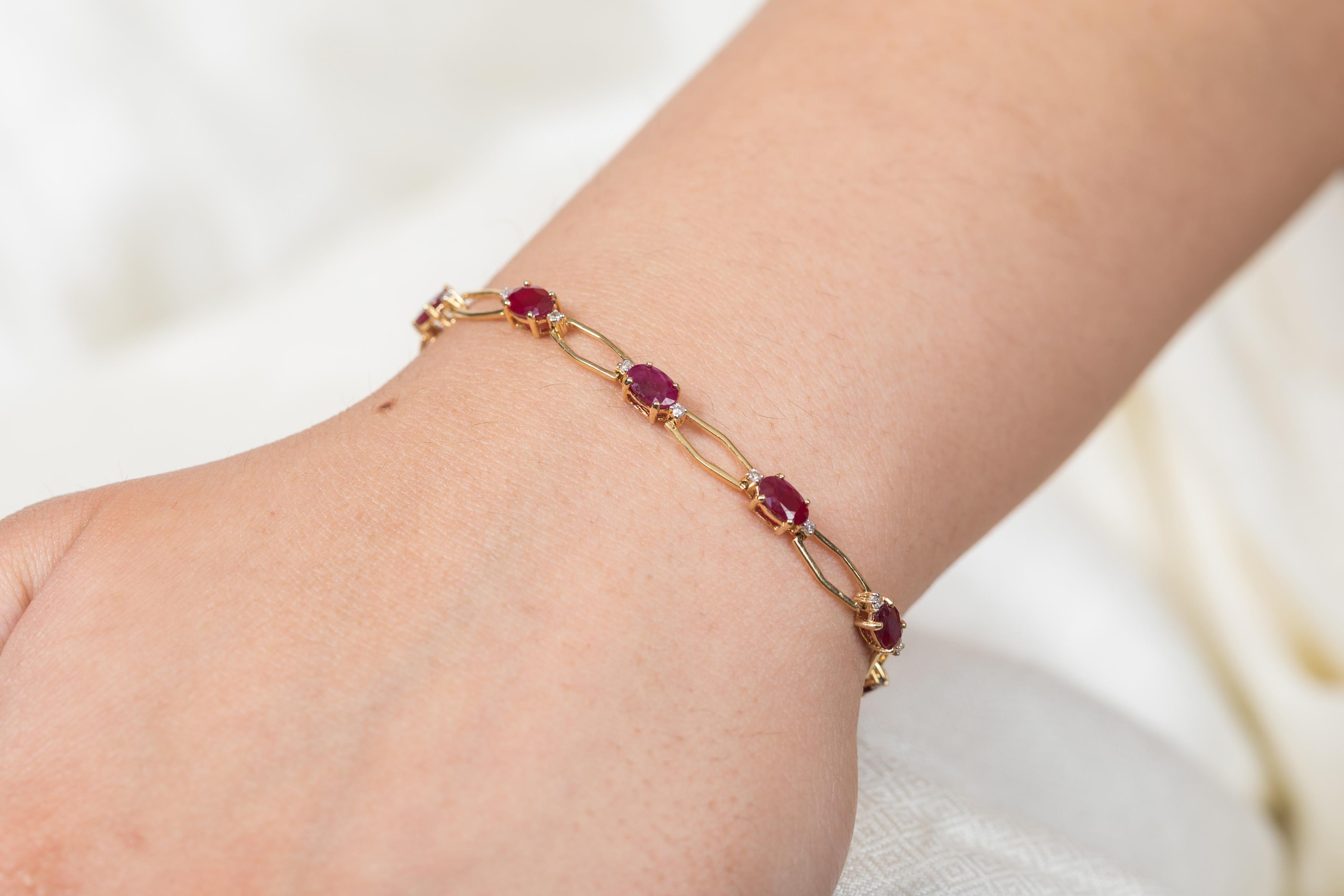 Contemporary Unique Deep Red Ruby Tennis Bracelet with Diamonds in 14kt Solid Yellow Gold For Sale