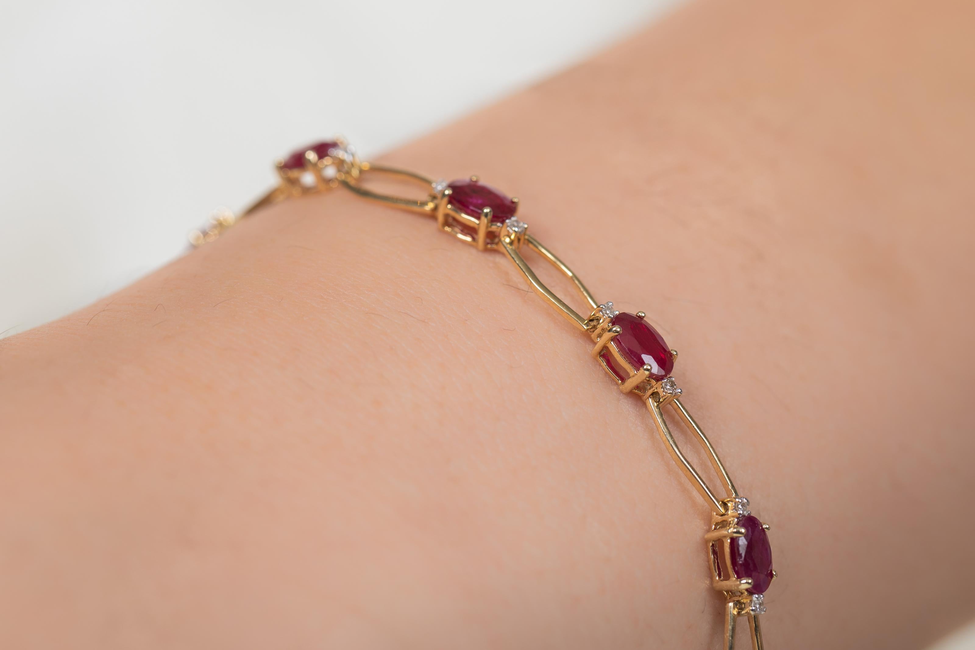 Unique Deep Red Ruby Tennis Bracelet with Diamonds in 14kt Solid Yellow Gold In New Condition For Sale In New York, NY