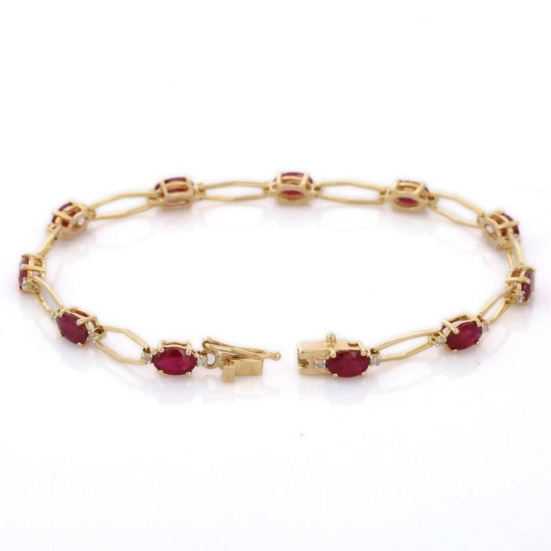 Unique Deep Red Ruby Tennis Bracelet with Diamonds in 14kt Solid Yellow Gold For Sale 1