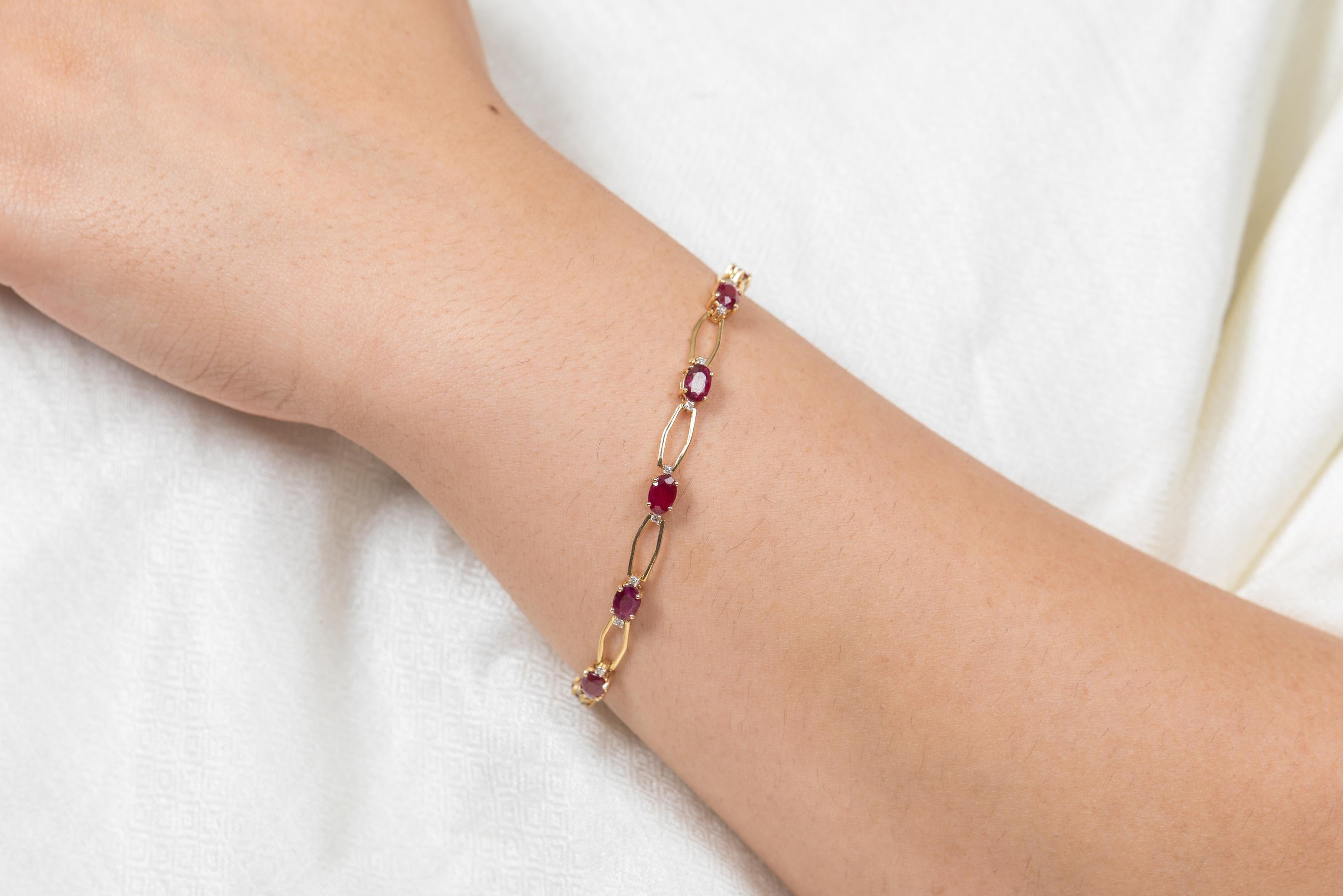 Unique Deep Red Ruby Tennis Bracelet with Diamonds in 14kt Solid Yellow Gold For Sale 2