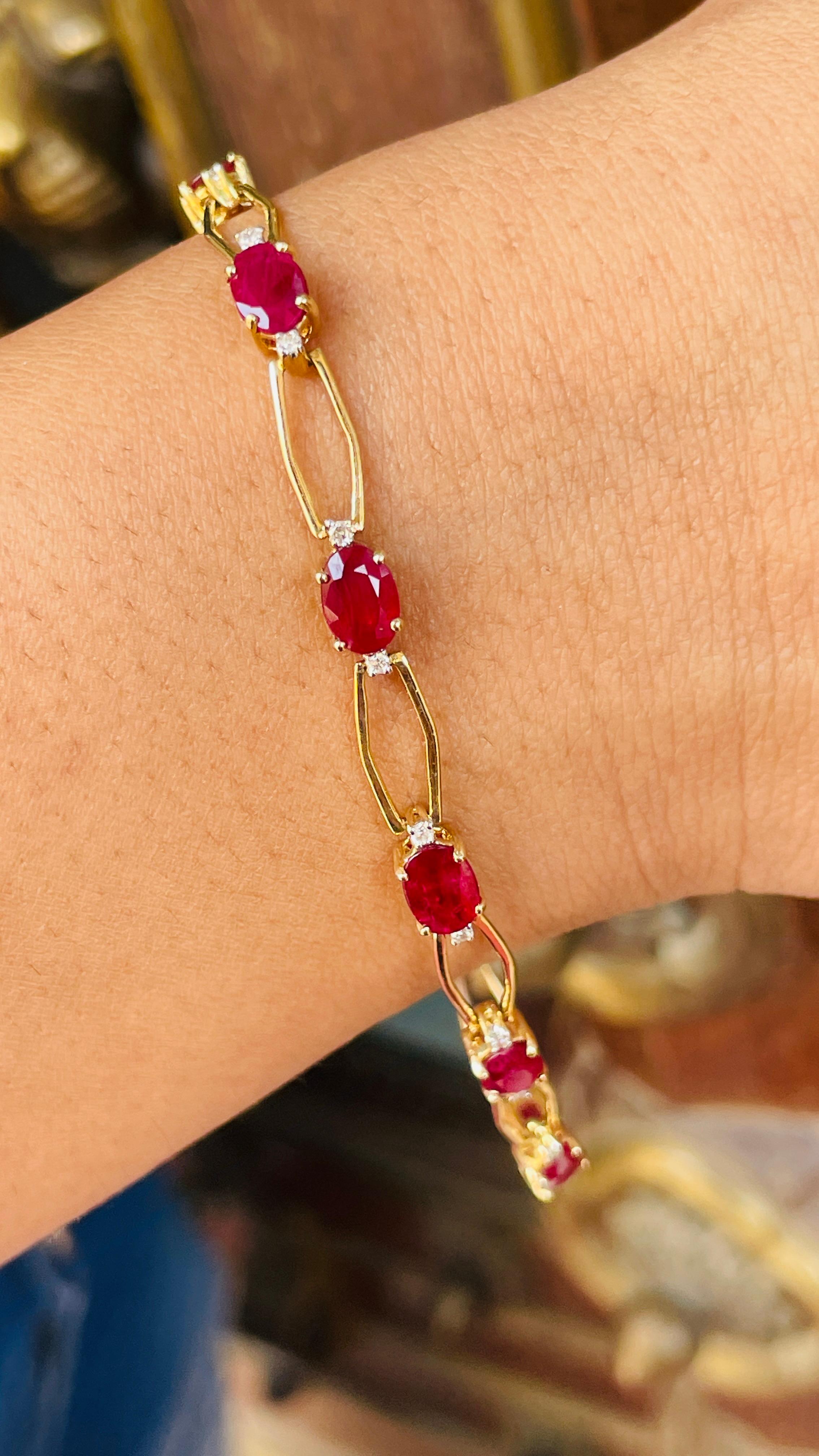 Unique Deep Red Ruby Tennis Bracelet with Diamonds in 14kt Solid Yellow Gold For Sale 3
